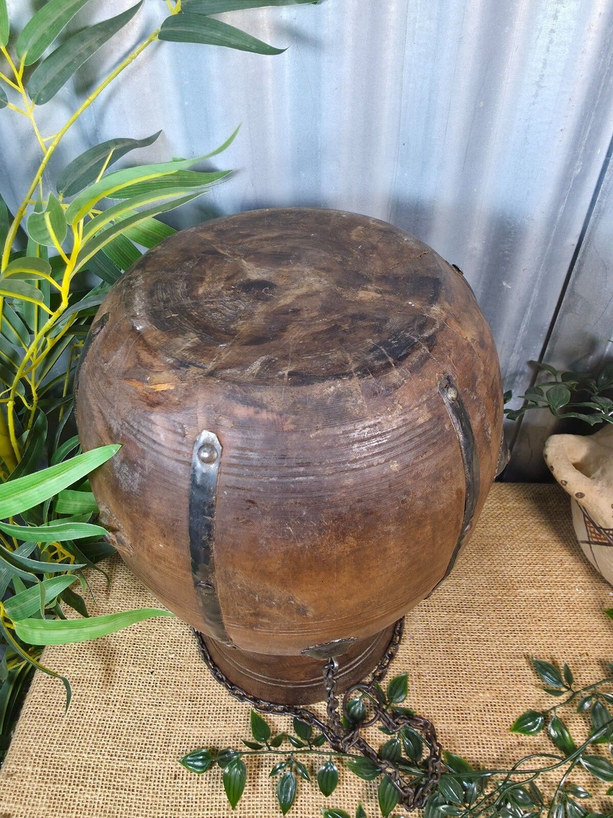 Vintage Antique Wabi Sabi Rustic Hanging Nepalese Wooden Water Curd Pot Vase photo vintage