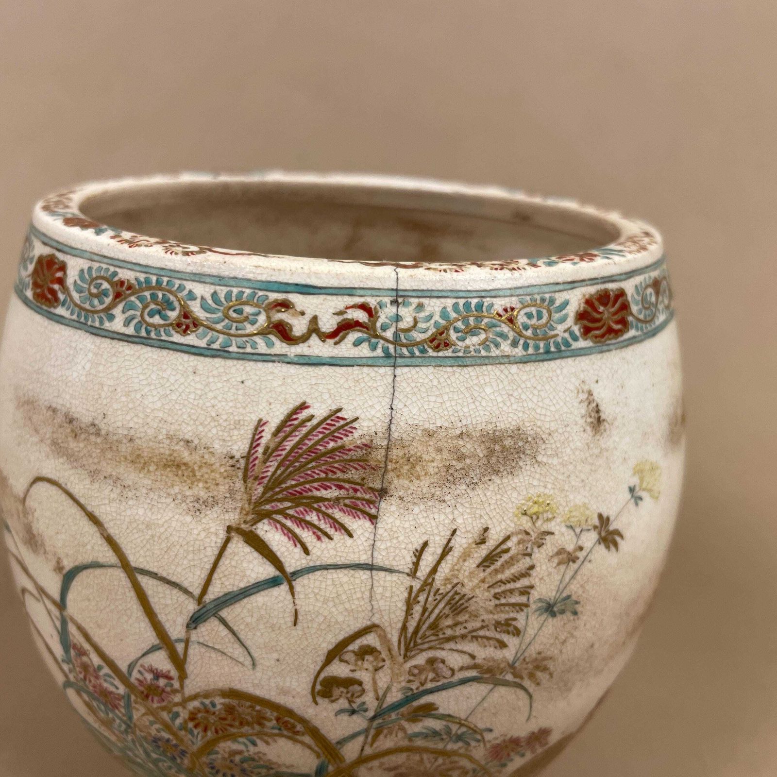 Vintage Japanese Satsuma Vase Hand Painted Crackle Glaze Bird Floral Display Jar Oriental Asian Old Aged Decorative photo 55.0