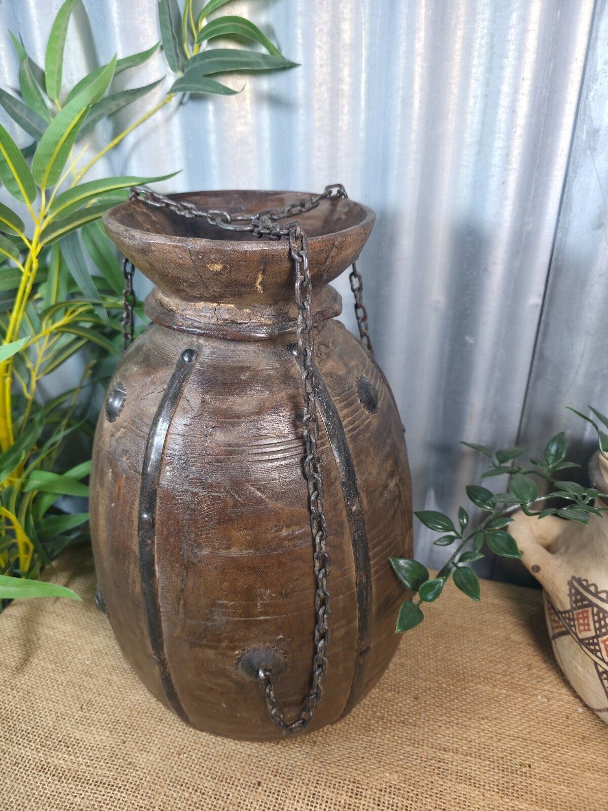 Vintage Antique Wabi Sabi Rustic Hanging Nepalese Wooden Water Curd Pot Vase photo buy