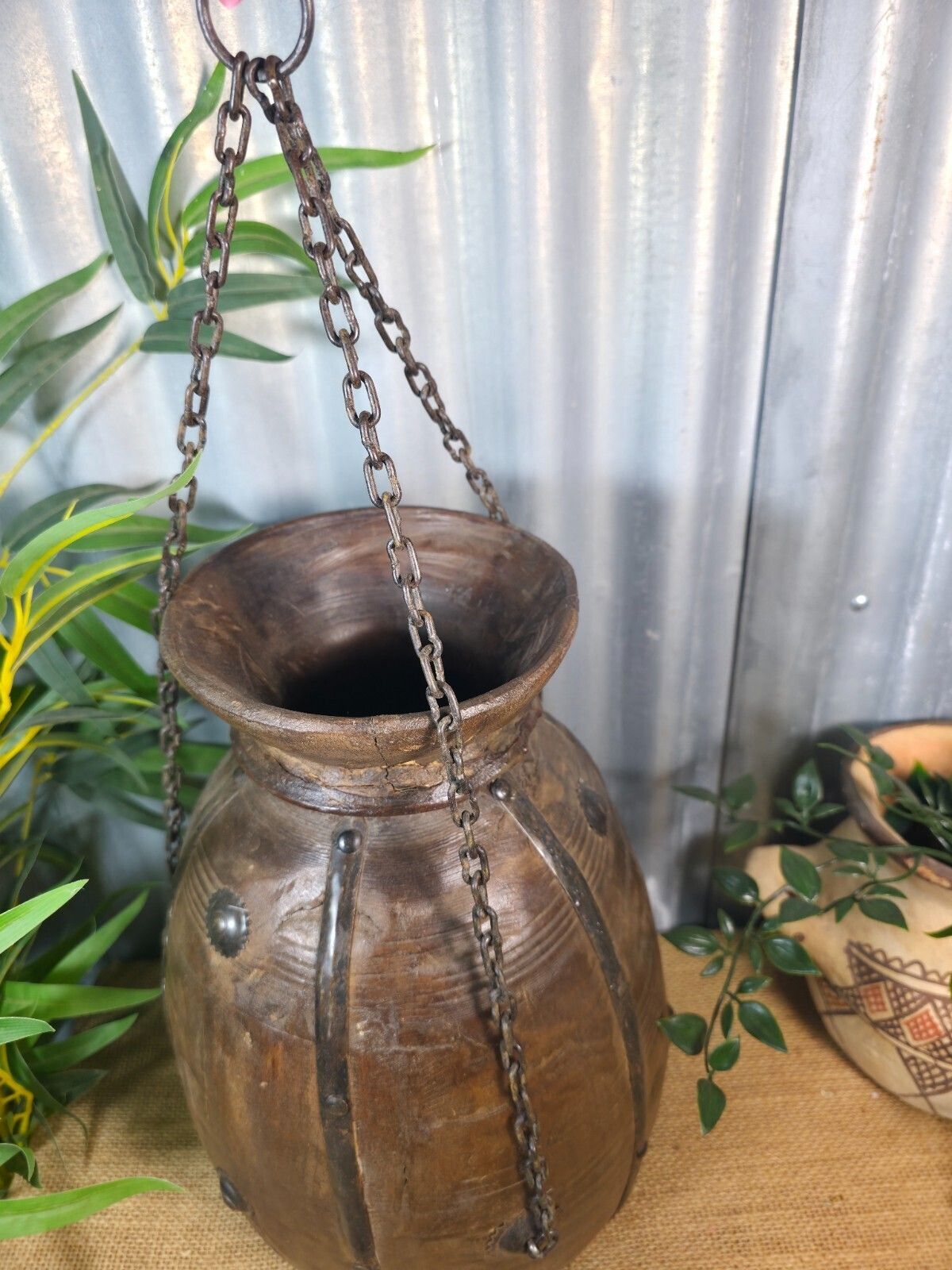 Vintage Antique Wabi Sabi Rustic Hanging Nepalese Wooden Water Curd Pot Vase photo vintage
