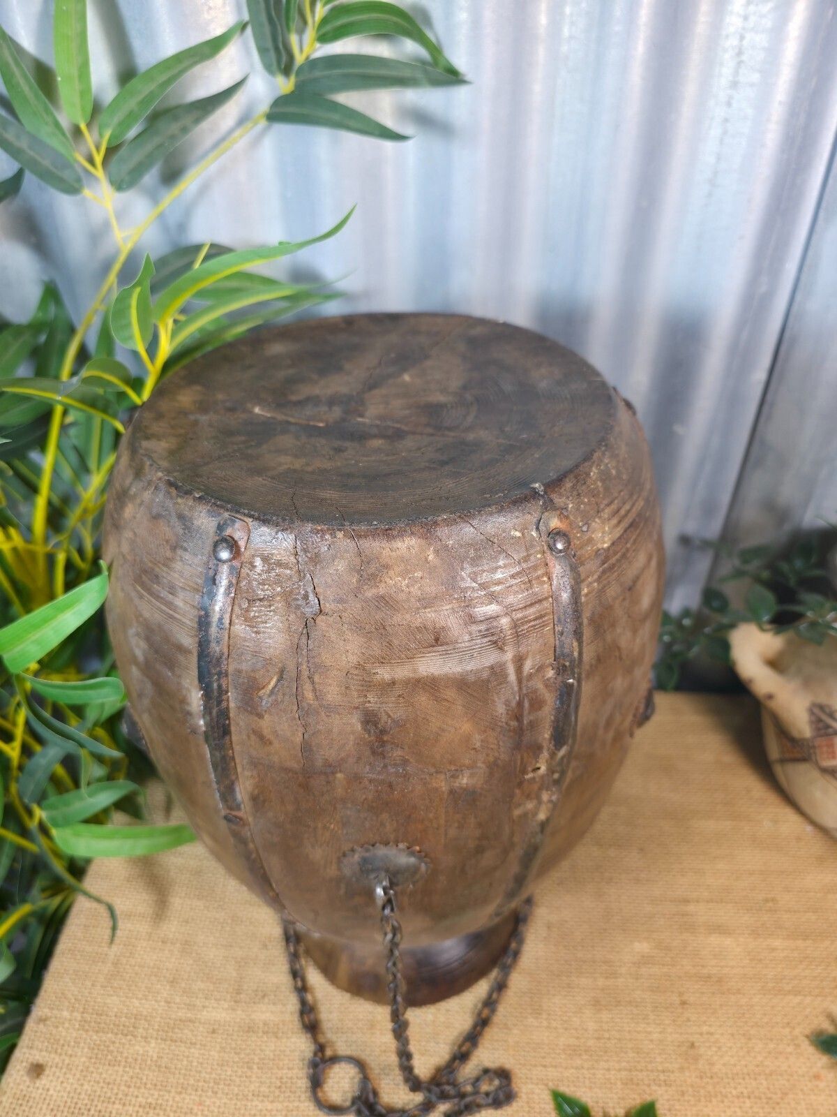 photo furniture Vintage Antique Wabi Sabi Rustic Hanging Nepalese Wooden Water Curd Pot Vase