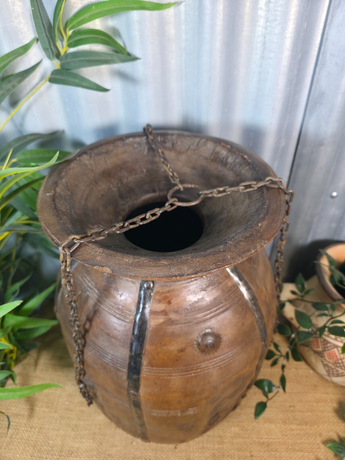 Vintage Antique Wabi Sabi Rustic Hanging Nepalese Wooden Water Curd Pot Vase photo vinterior