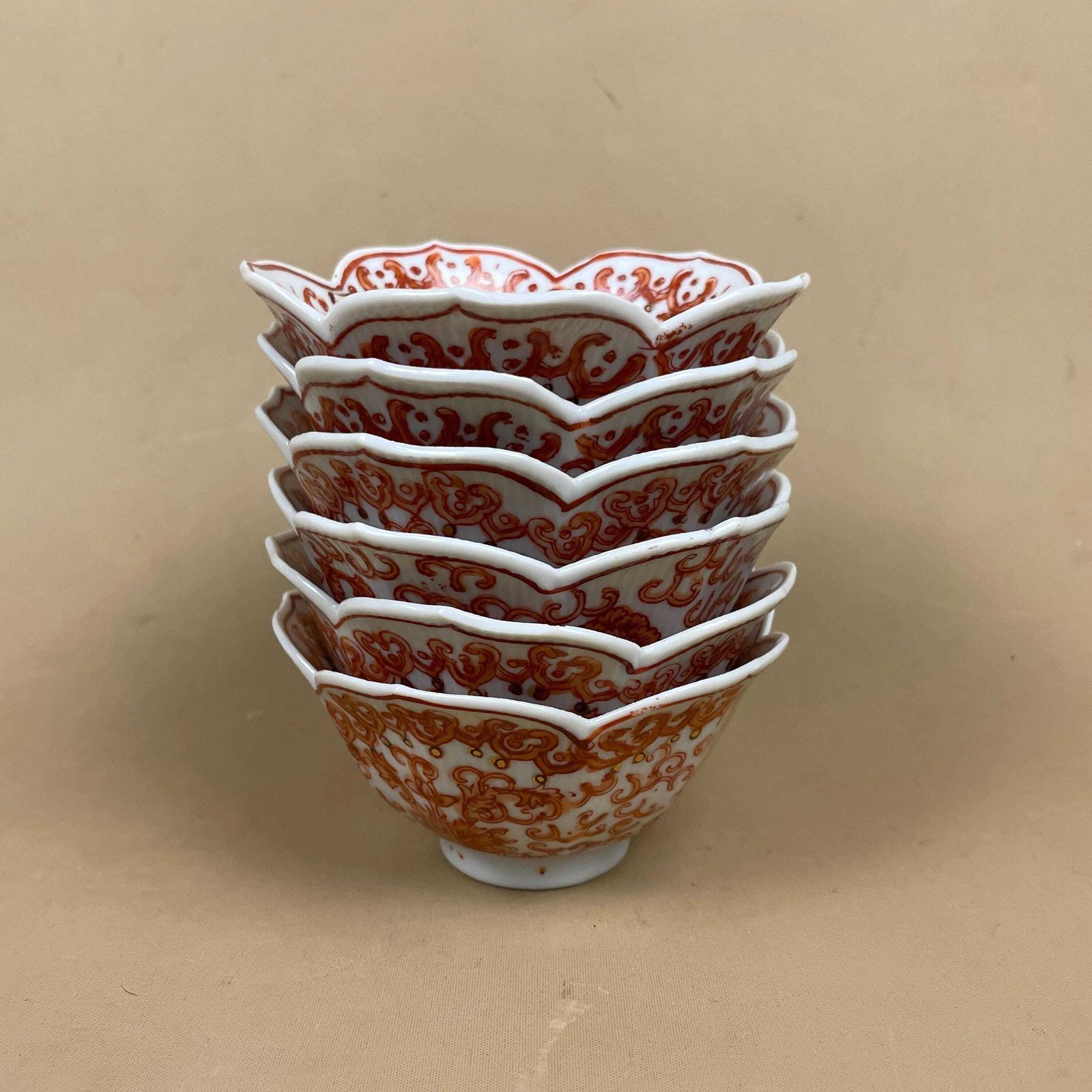 Vintage Japanese Porcelain Bowls Set Of 6 Hand Painted Red Scalloped Dishes Asian Tableware Small Serving Bowls Decorated In Hong Kong photo for sale