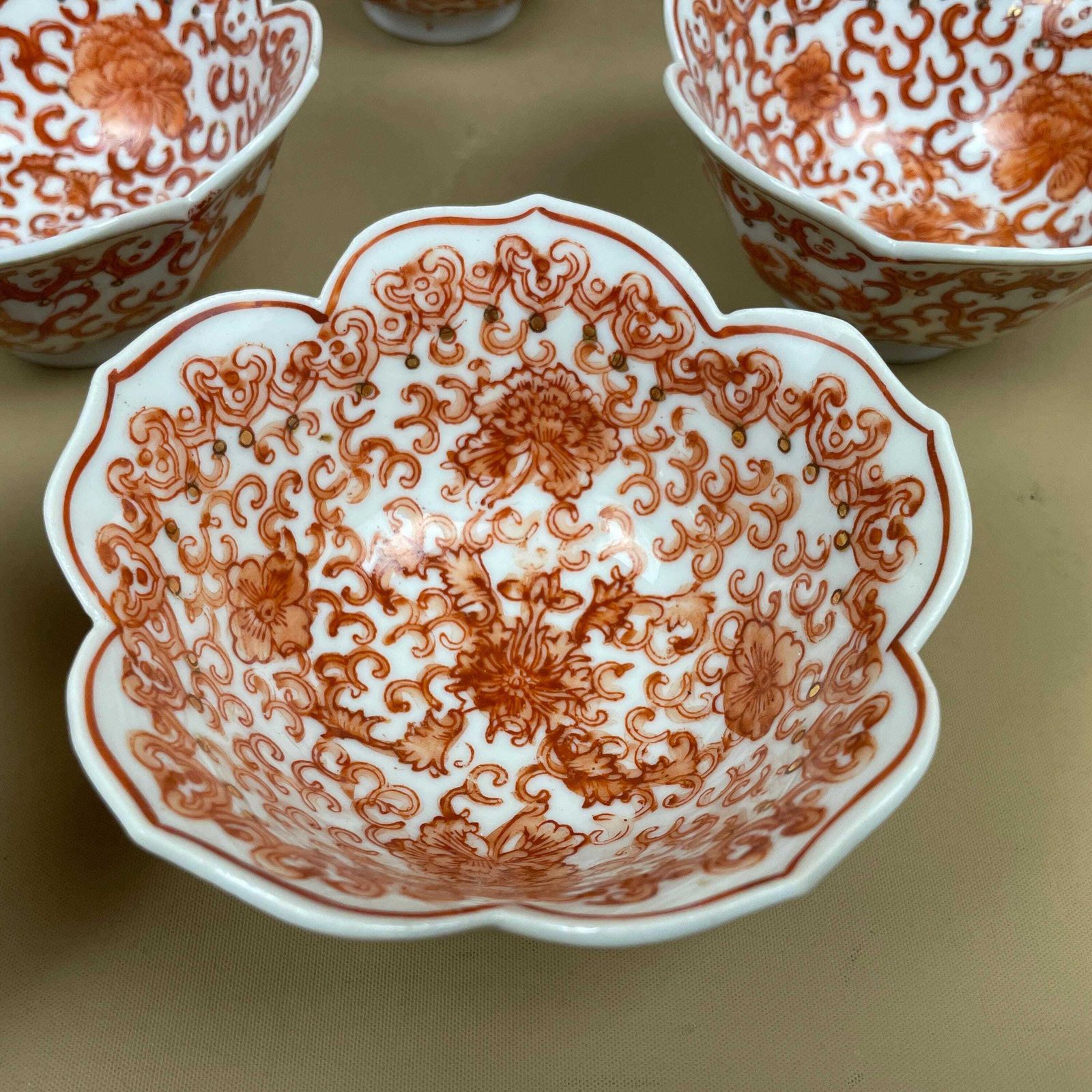 Vintage Japanese Porcelain Bowls Set Of 6 Hand Painted Red Scalloped Dishes Asian Tableware Small Serving Bowls Decorated In Hong Kong photo vintage