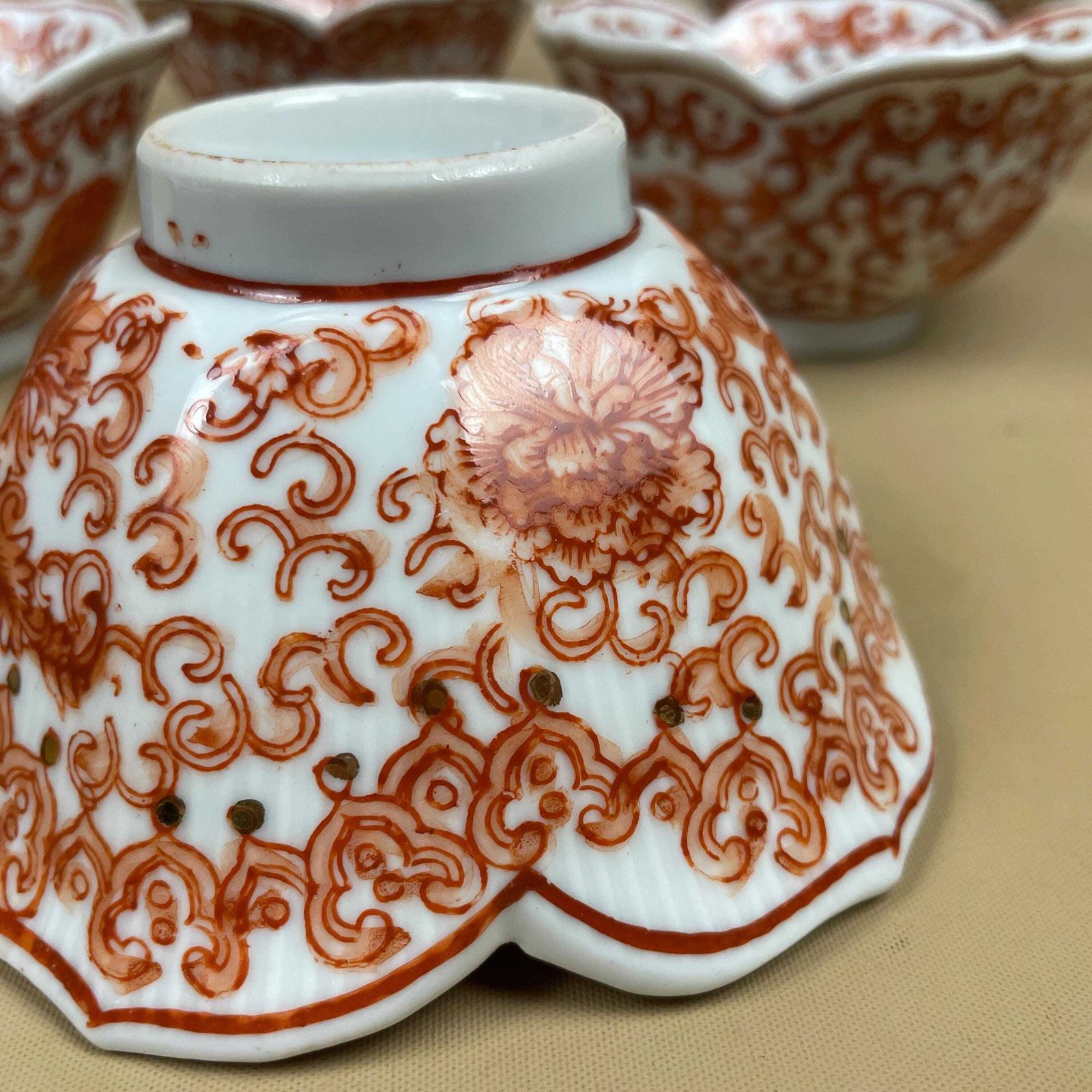 69.0 Vintage Japanese Porcelain Bowls Set Of 6 Hand Painted Red Scalloped Dishes Asian Tableware Small Serving Bowls Decorated In Hong Kong photo