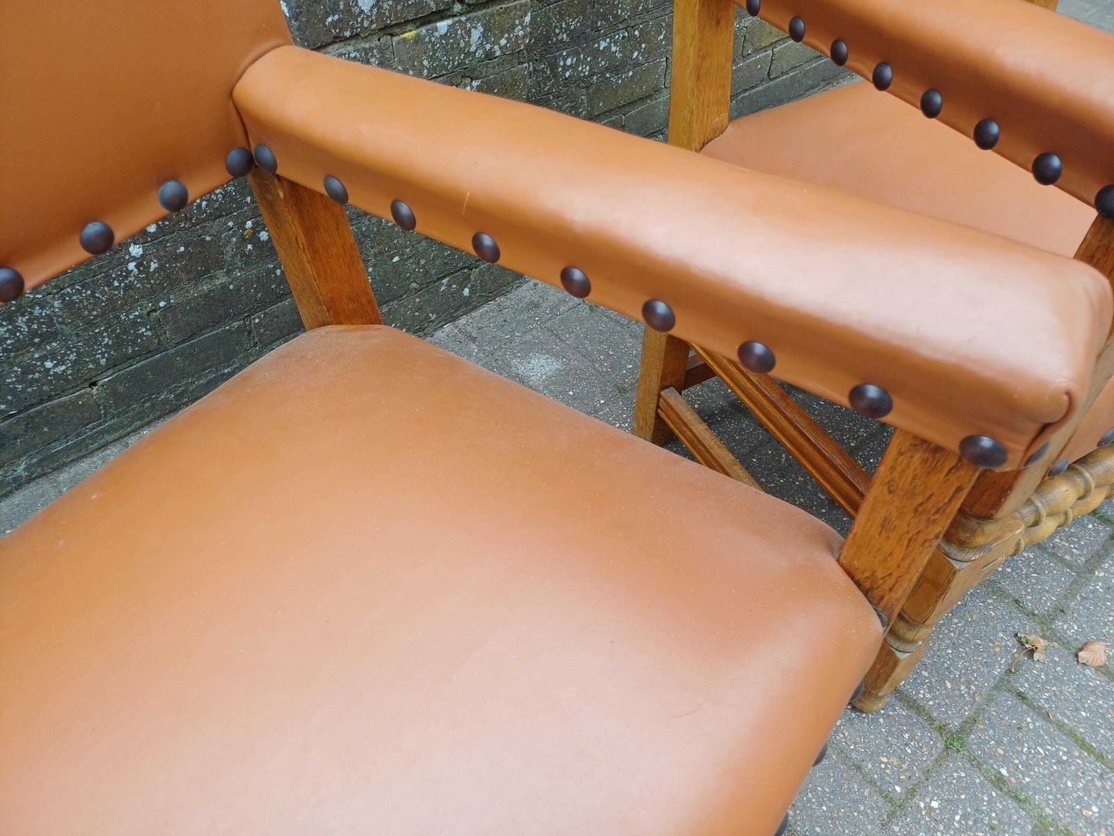 Pair Vintage Oak Carver Chairs Mid Century Dining Armchairs Studded Tan Vinyl Upholstery Post War Solid Wood Seats photo Furniture