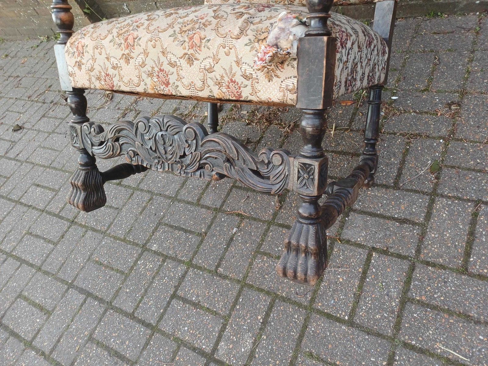 photo buy Massive Pair 1920s Antique Carver Chairs Vintage Carved Detail Floral Upholstery Original Fabric