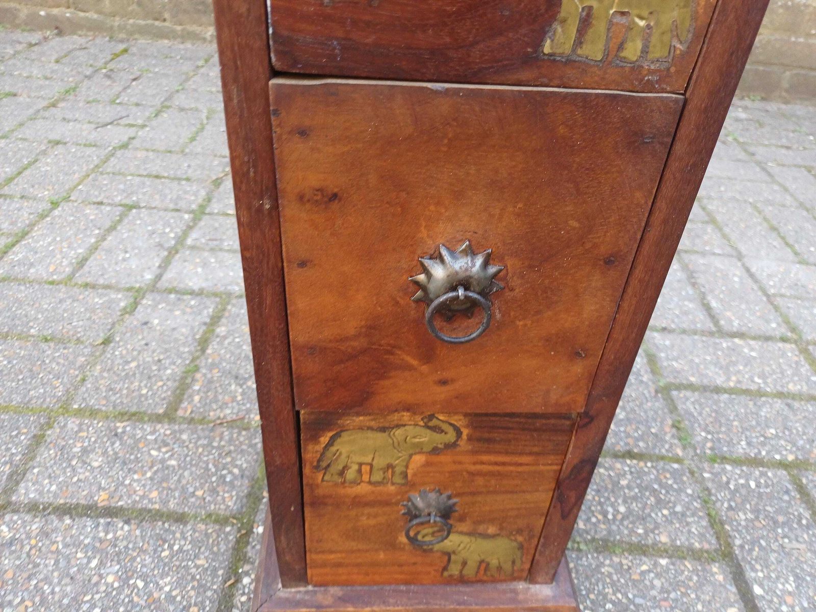 Vintage Teak Thin Chest Of Drawers Elephant Motif Brass Handles Slim Storage Cabinet Solid Wood 1980s Oriental Style photo vinterior