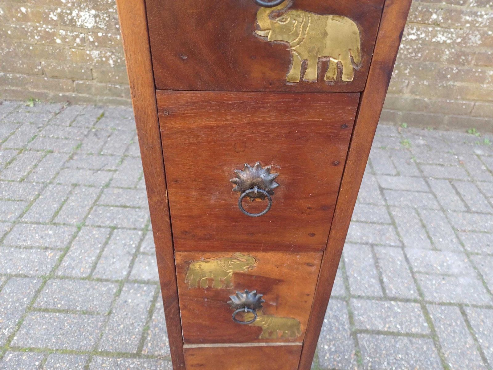photo furniture Vintage Teak Thin Chest Of Drawers Elephant Motif Brass Handles Slim Storage Cabinet Solid Wood 1980s Oriental Style