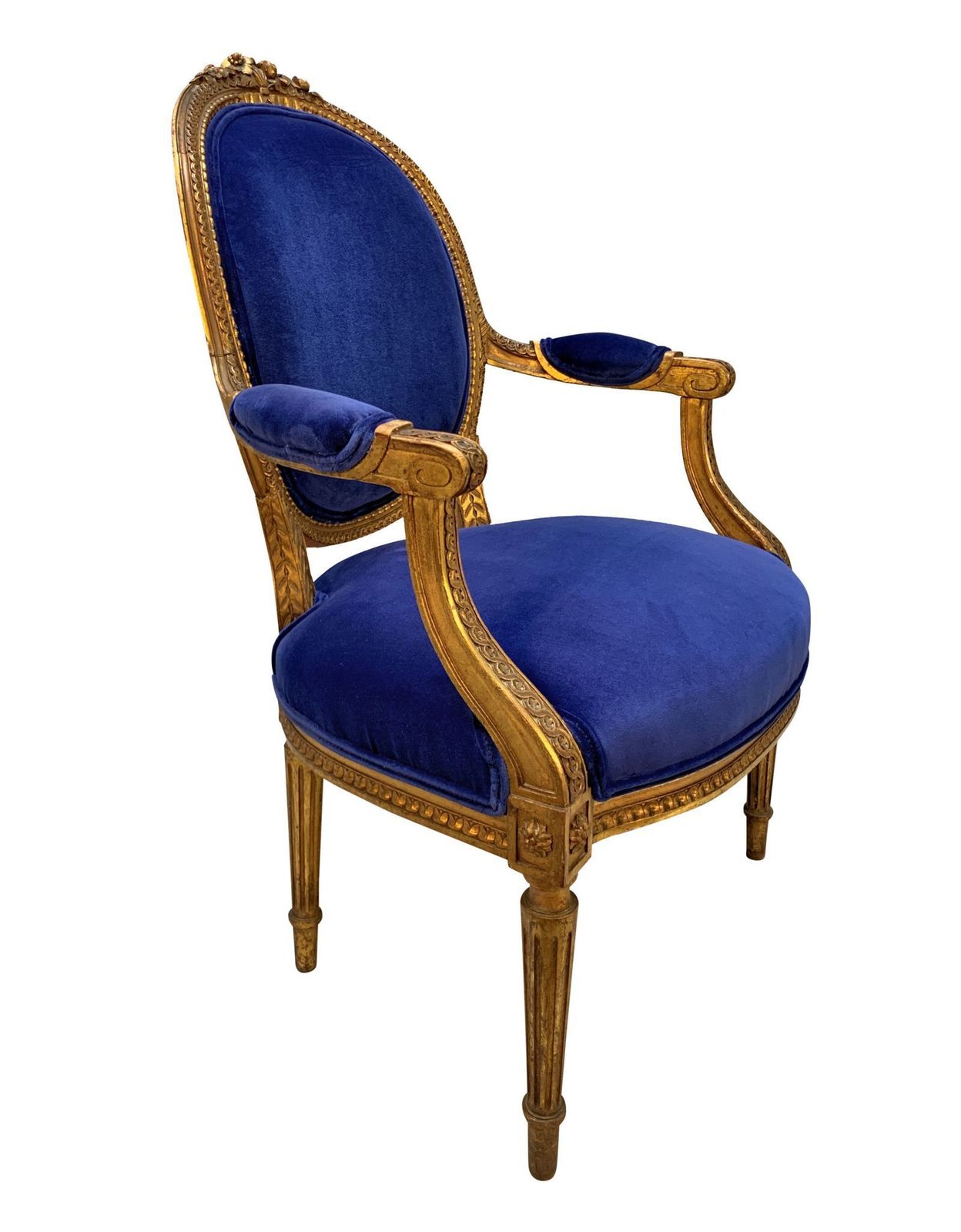 A Set Of Four Louis XVI Style Giltwood Armchairs In Blue Velvet photo for sale