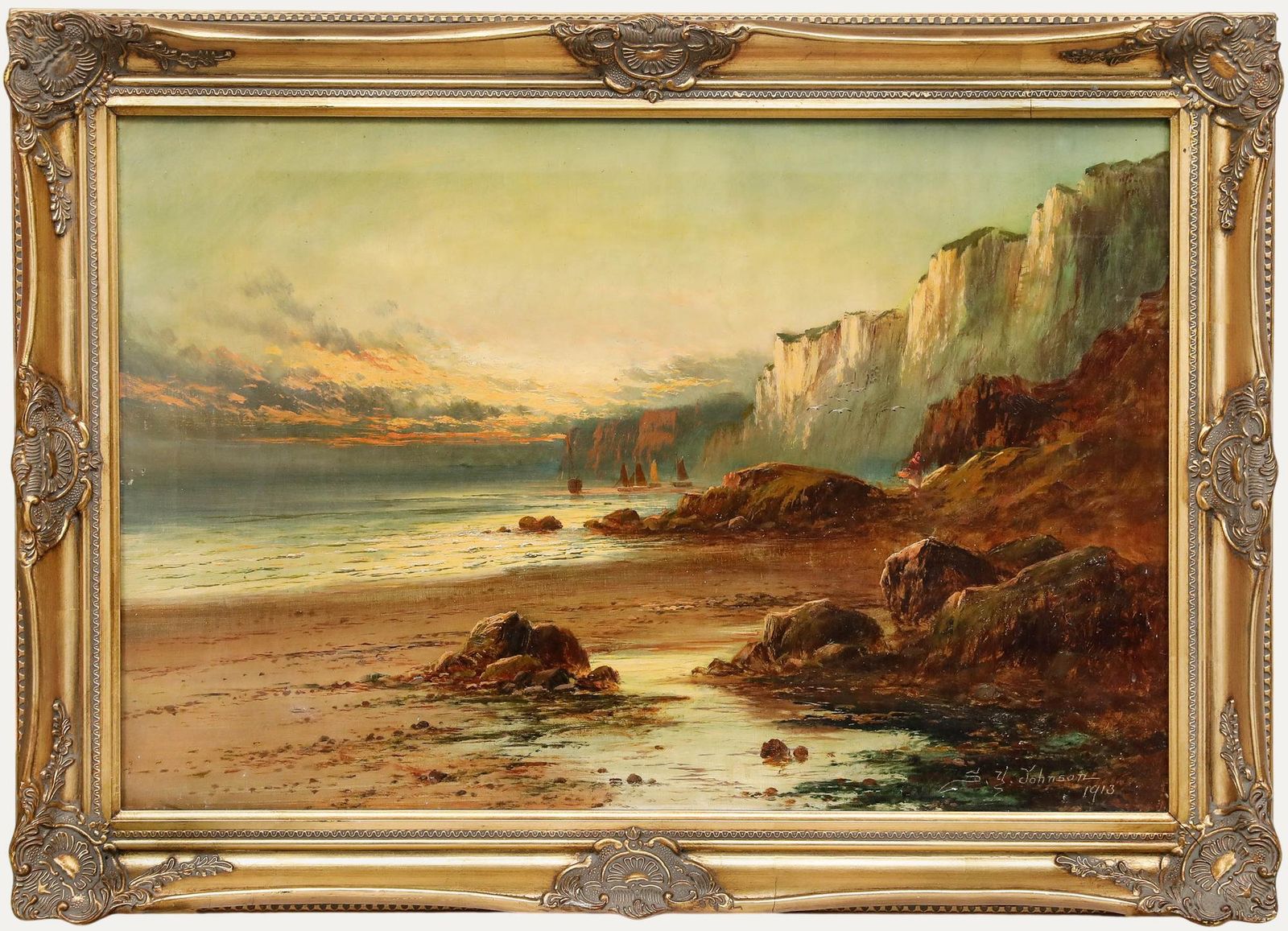 Sidney Yates Johnson (Fl.1890 1926) Framed 1913 Oil, Sunset At Low Tide
