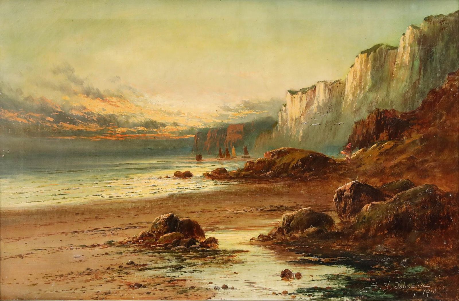 Sidney Yates Johnson (Fl.1890 1926) Framed 1913 Oil, Sunset At Low Tide photo furniture