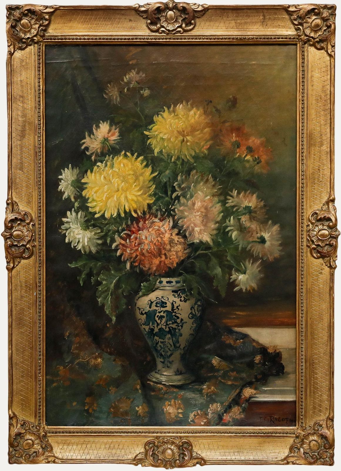 Jules Félix Ragot (1835 1912)  Framed Oil, Chrysanthemums In A Blue & White Vase