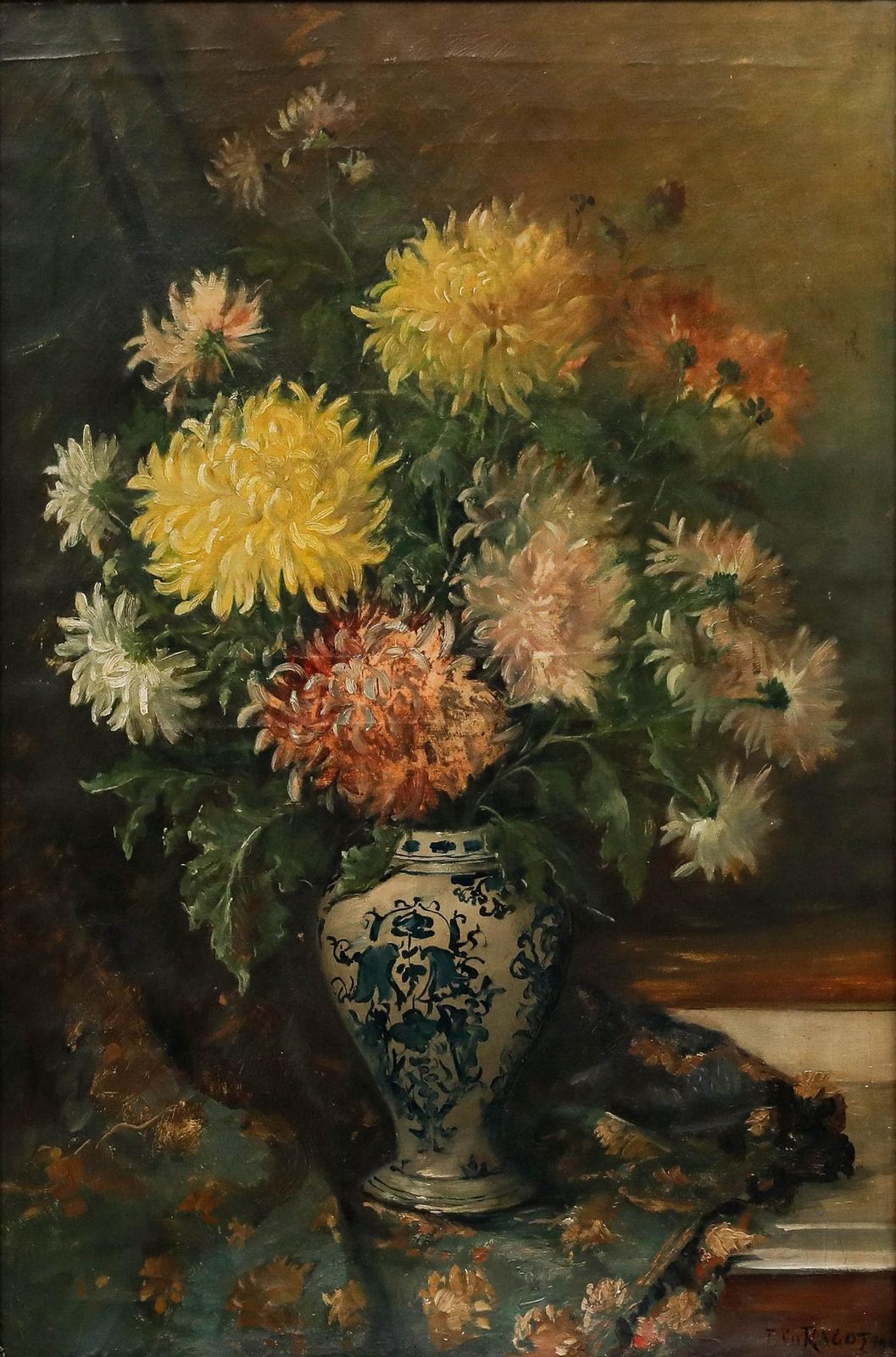 Jules Félix Ragot (1835 1912)  Framed Oil, Chrysanthemums In A Blue & White Vase photo furniture