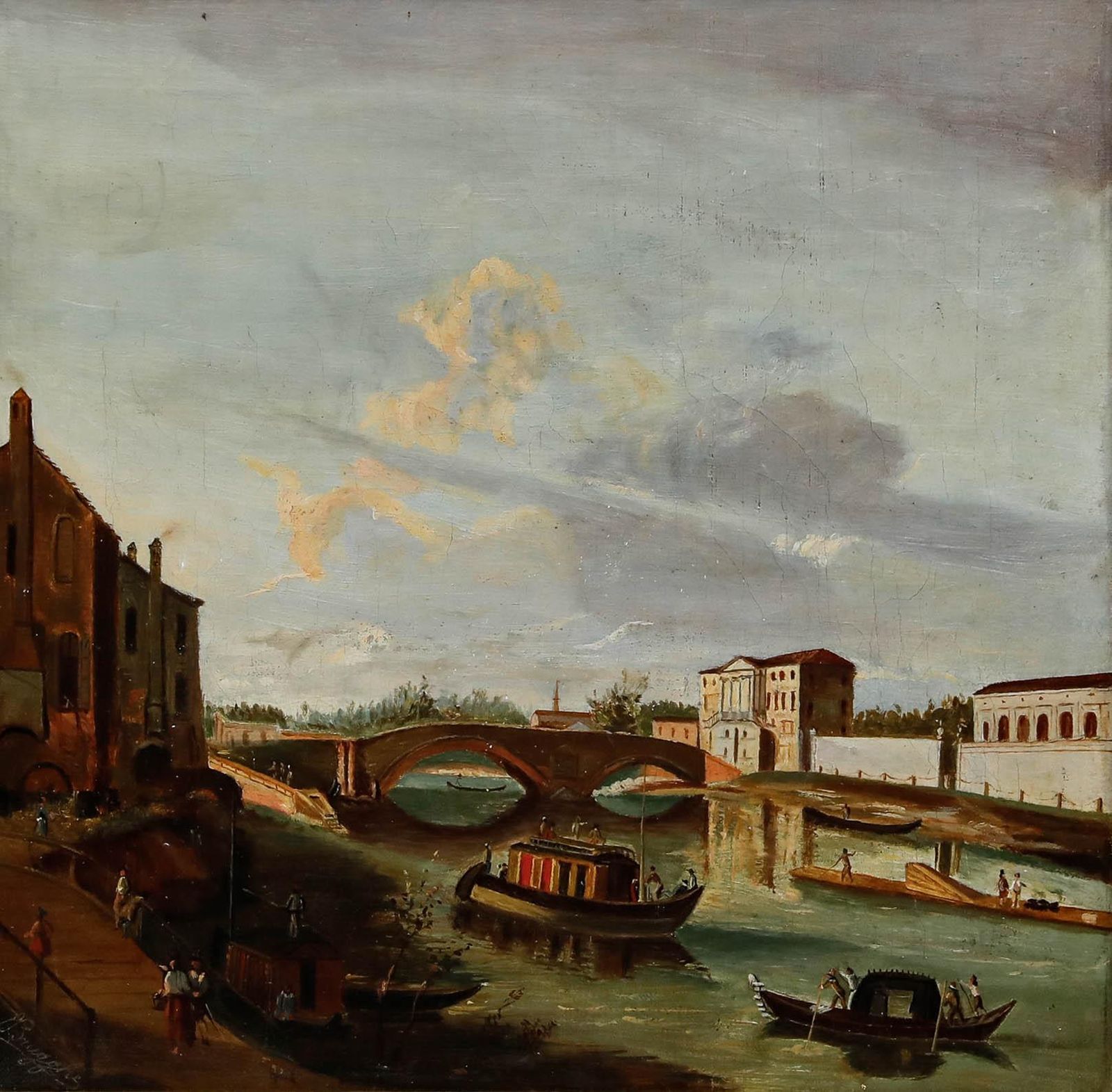 Framed 19th Century Oil Italian Waterway photo furniture