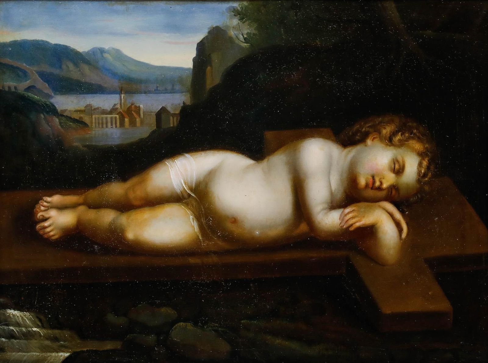 Italian School Late 19th Century Oil Sleeping Christ Child photo furniture