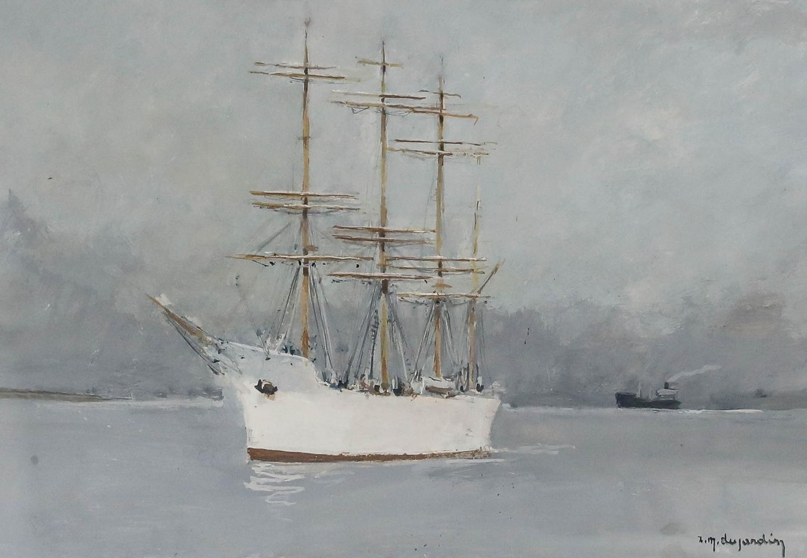 René Marie Dujardin (1913 2002) 20th Century Gouache, White Ship At Anchor photo furniture