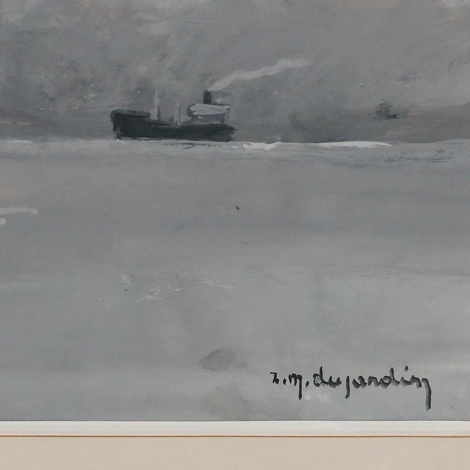 René Marie Dujardin (1913 2002) 20th Century Gouache, White Ship At Anchor photo vintage