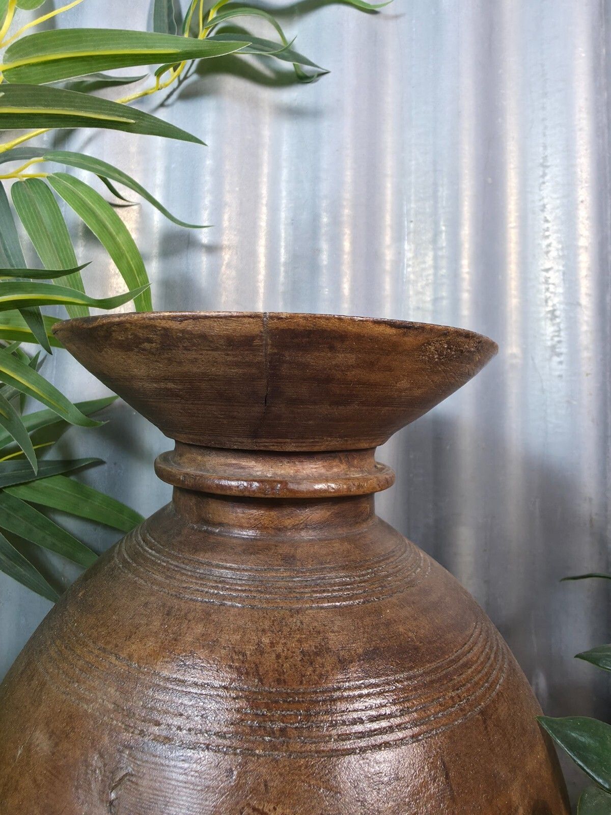 Vintage Antique Wabi Sabi Rustic Nepalese Turned Wooden Milk Water Curd Pot Vase photo Home Decor