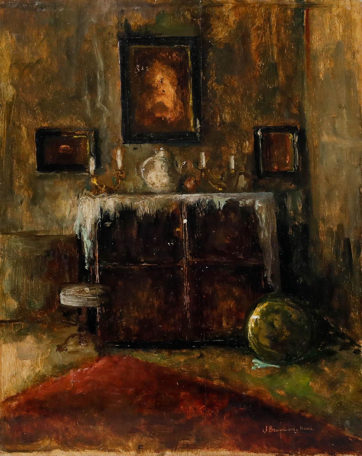 Jules Brouwers (1869 1955) Mid 20th Century Oil, The Dressed Cabinet photo furniture