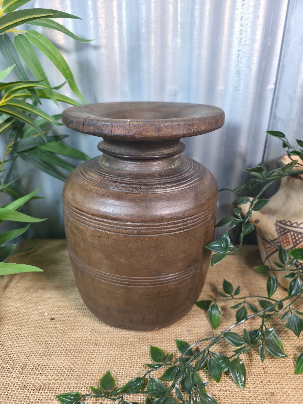 Vintage Antique Wabi Sabi Rustic Nepalese Turned Wooden Milk Water Curd Pot Vase photo Home Decor