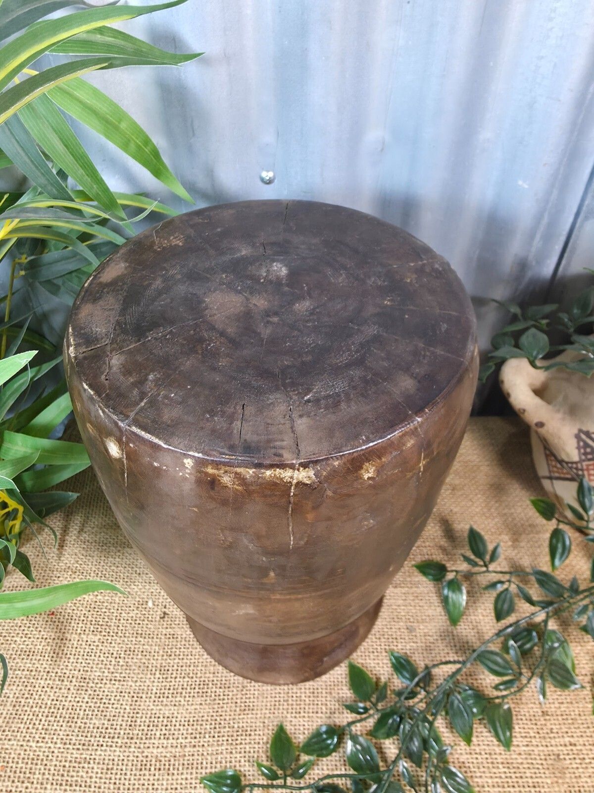 Vintage Antique Wabi Sabi Rustic Nepalese Turned Wooden Milk Water Curd Pot Vase photo vinterior