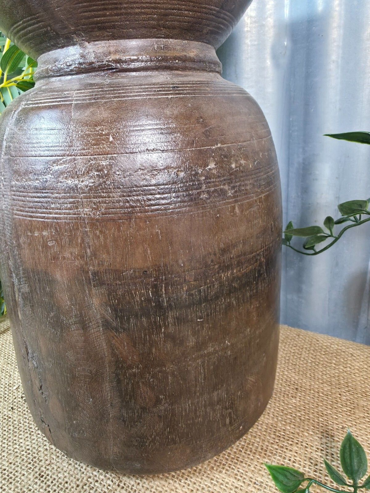 Vintage Antique Wabi Sabi Rustic Nepalese Turned Wooden Milk Water Curd Pot Vase photo vinterior