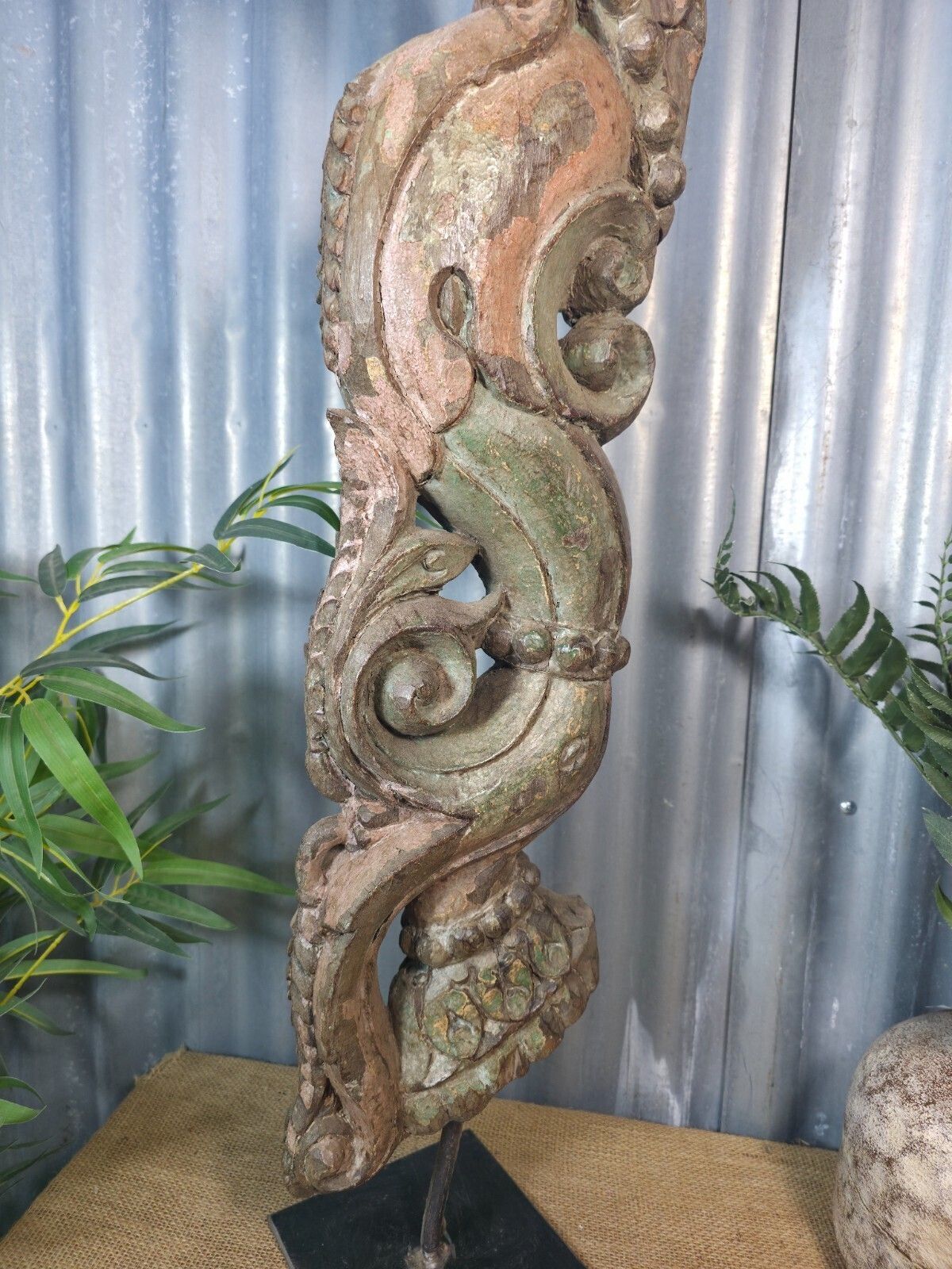 Antique 19th Century Indian Hand Carved Wooden Architectural Corbel On Stand photo for sale