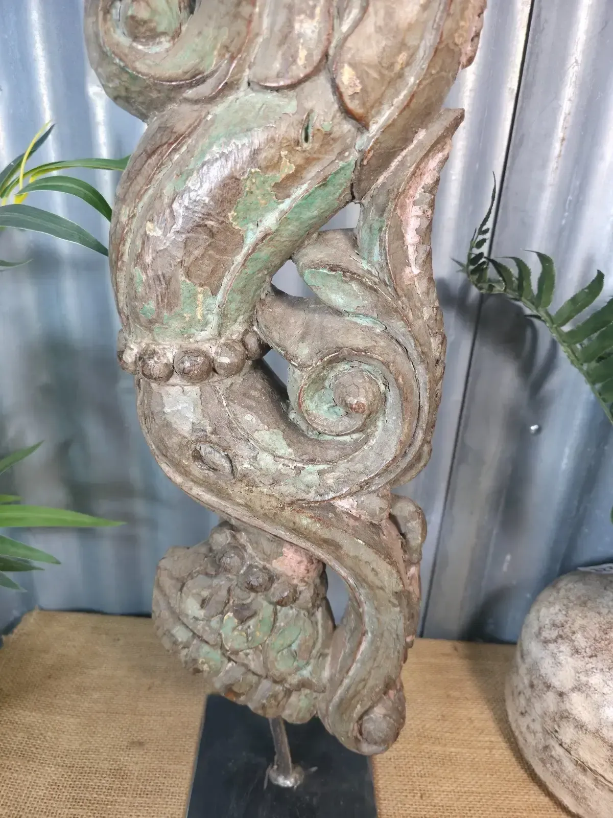 Antique 19th Century Indian Hand Carved Wooden Architectural Corbel On Stand photo vintage