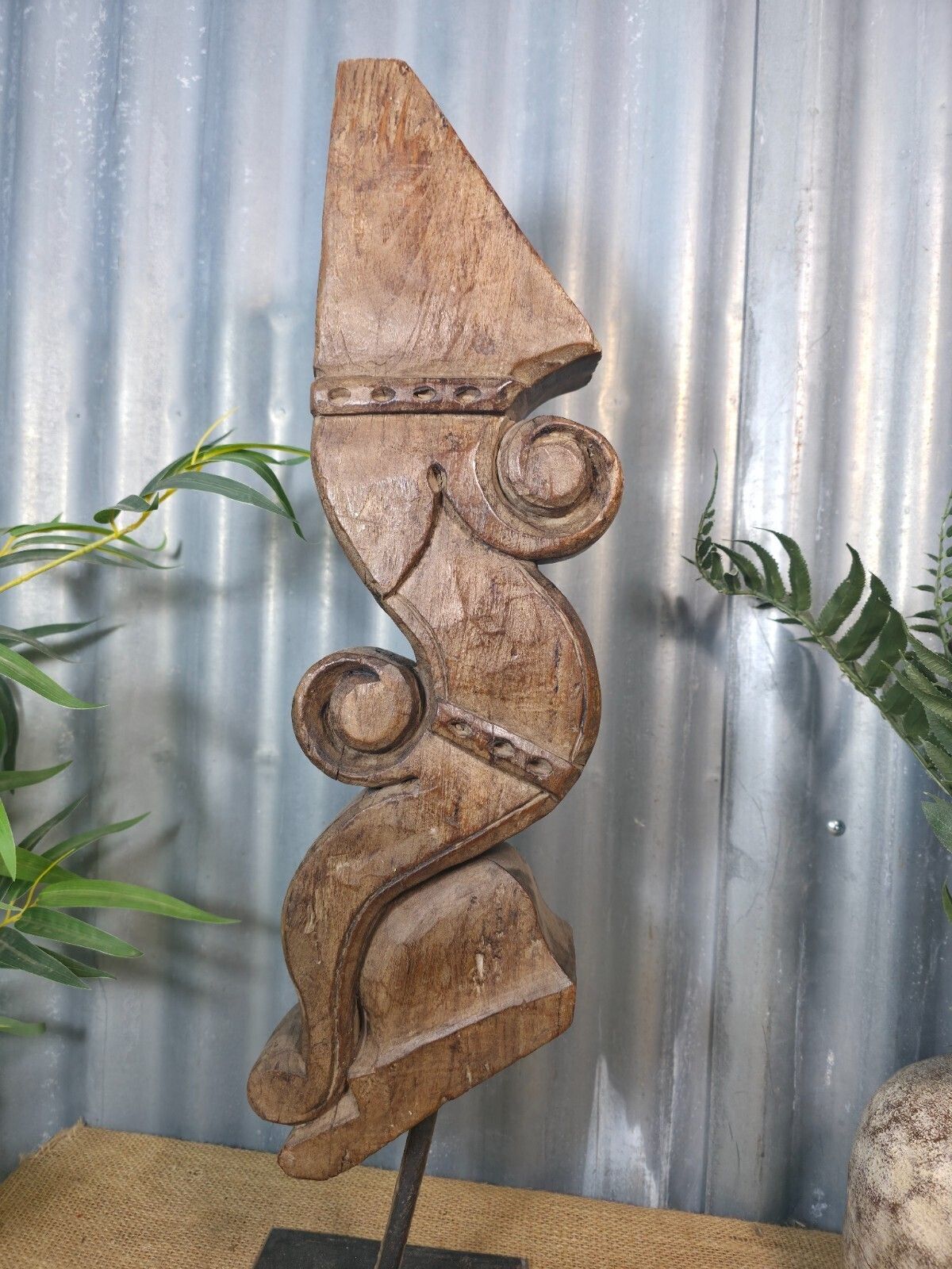 Antique 19th Century Indian Hand Carved Wooden Architectural Corbel On Stand photo for sale
