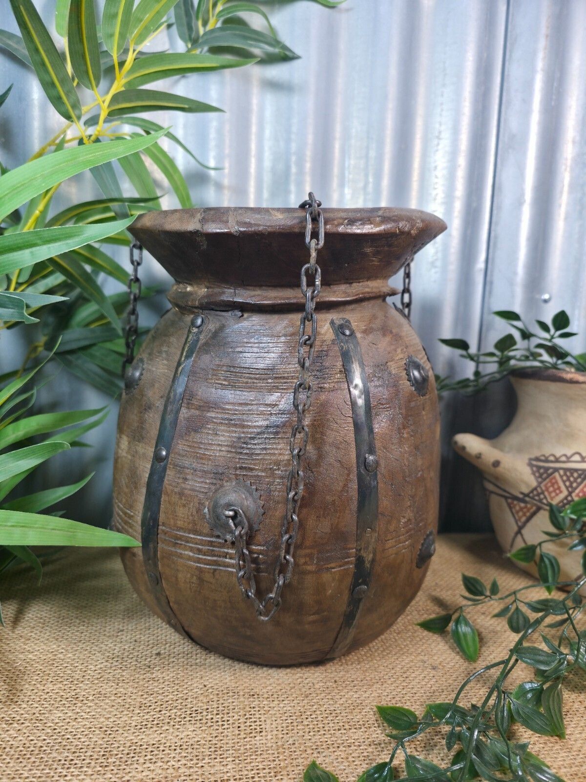 Vintage Antique Wabi Sabi Rustic Hanging Nepalese Wooden Water Curd Pot Vase photo furniture