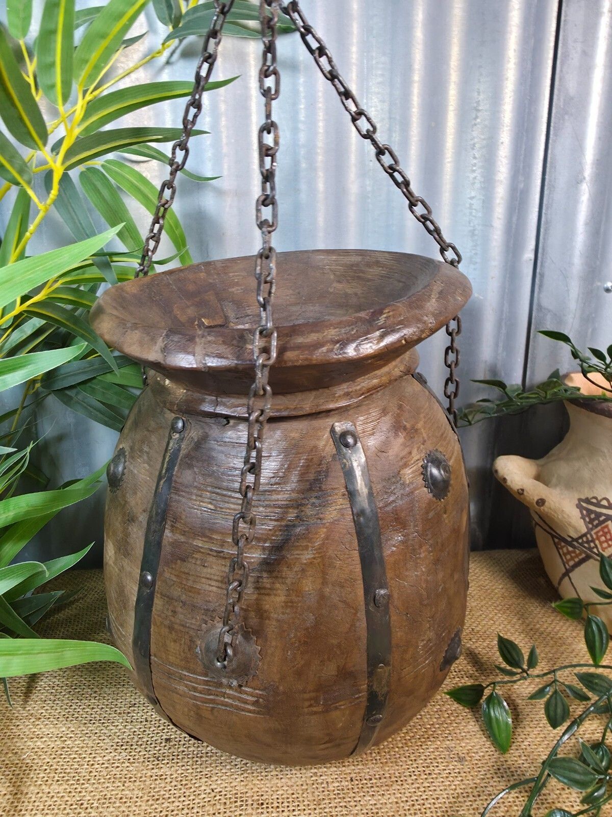 Vintage Antique Wabi Sabi Rustic Hanging Nepalese Wooden Water Curd Pot Vase photo for sale