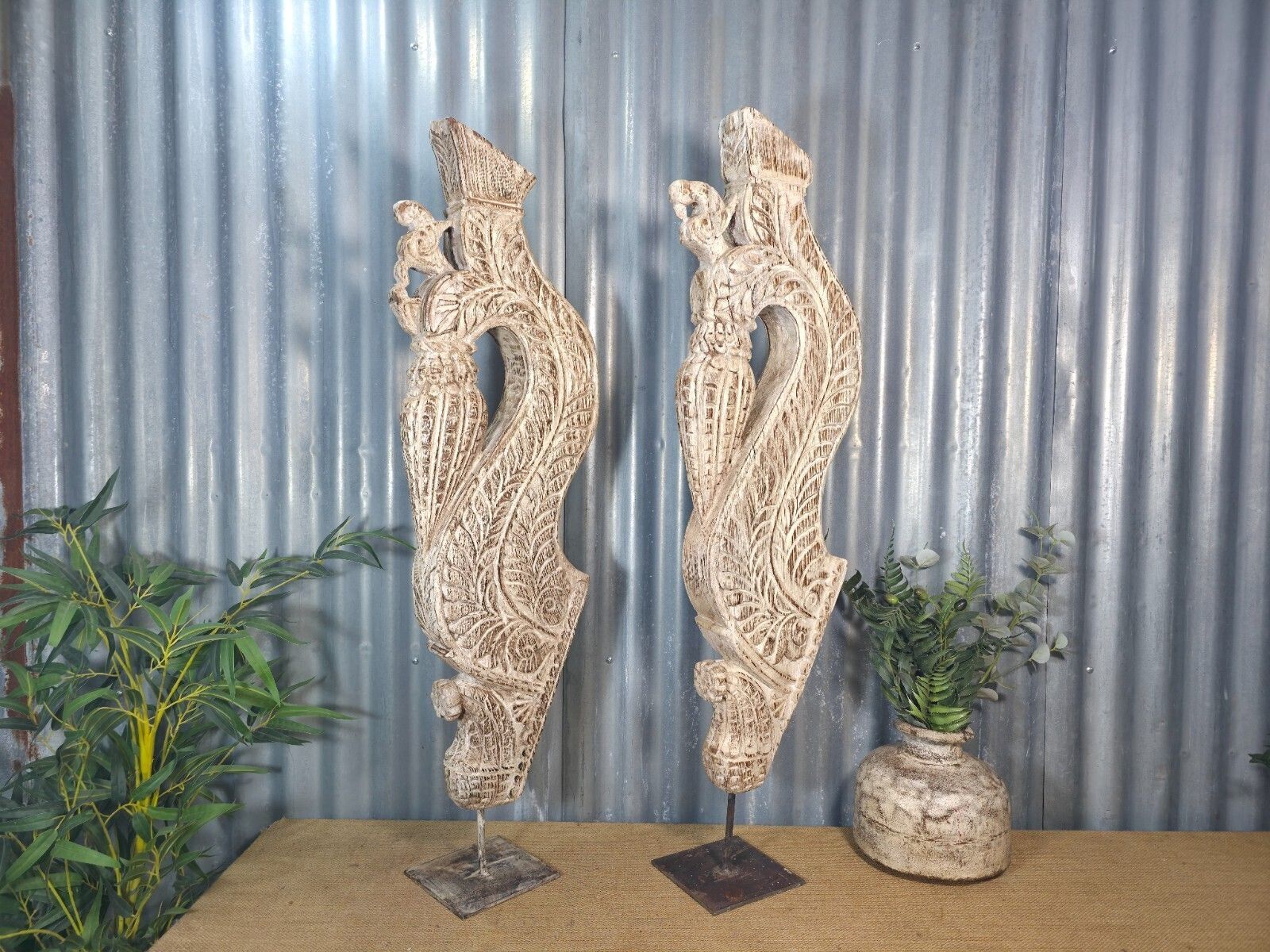 Pair Of Antique 19th Century Indian Hand Carved Wooden Architectural Corbels