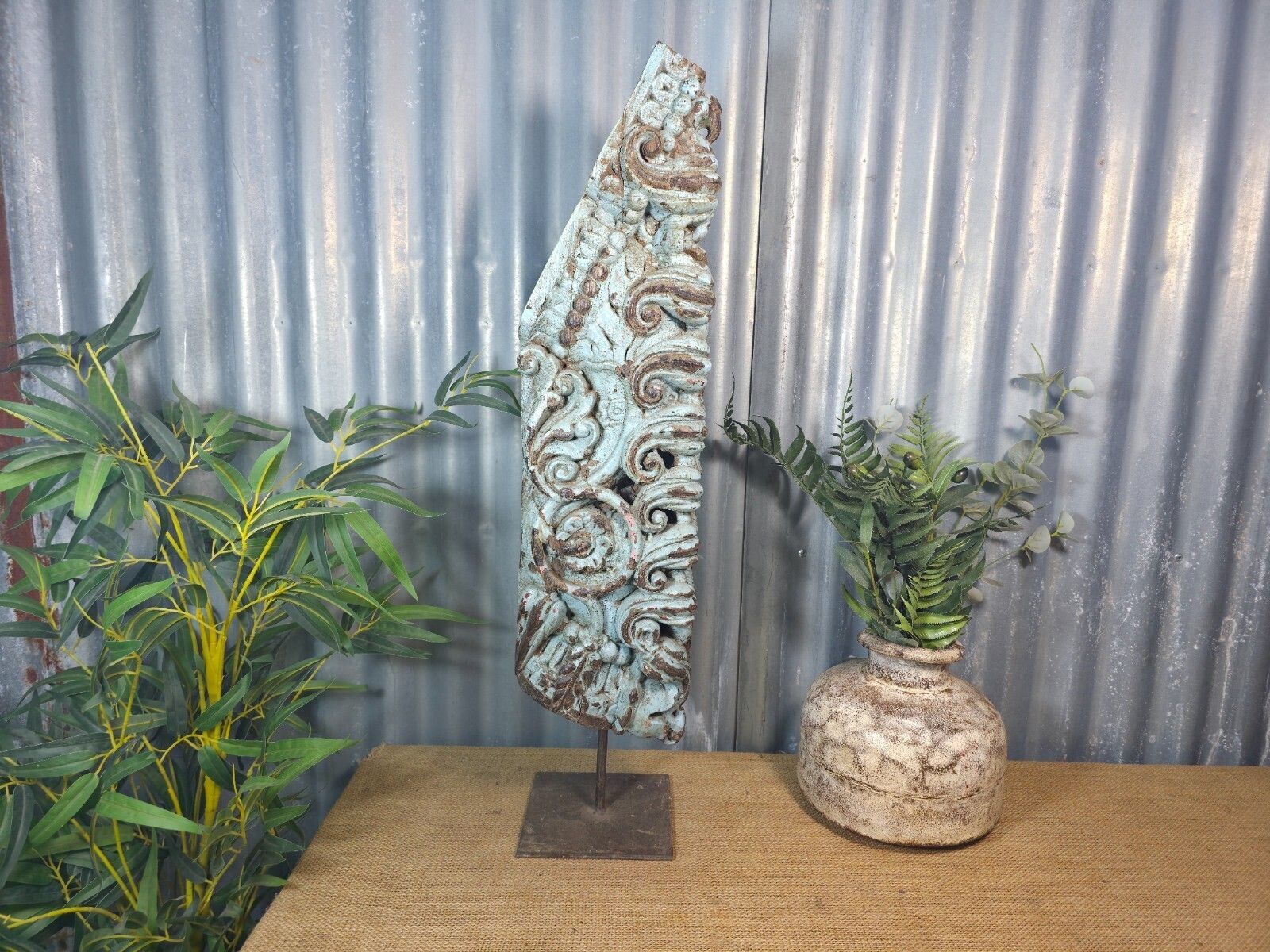 Antique 19th Century Indian Hand Carved Wooden Architectural Corbel On Stand