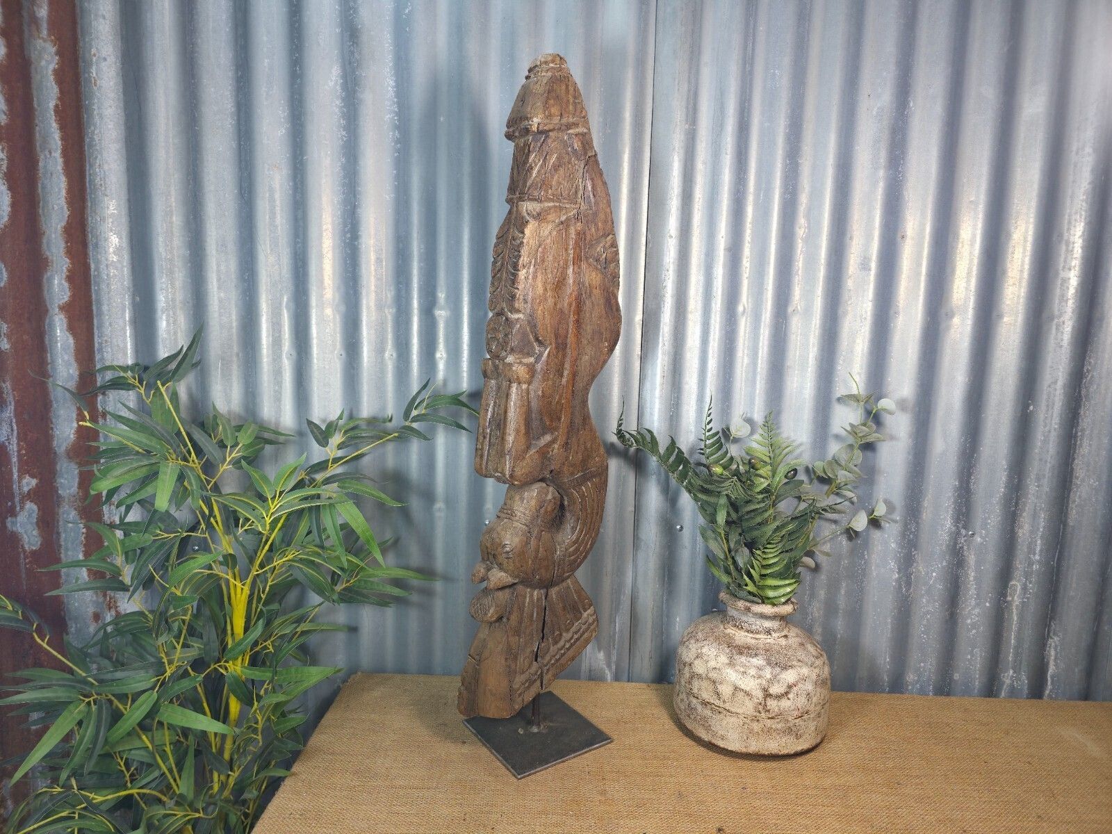 Antique 19th Century Indian Hand Carved Wooden Architectural Corbel On Stand