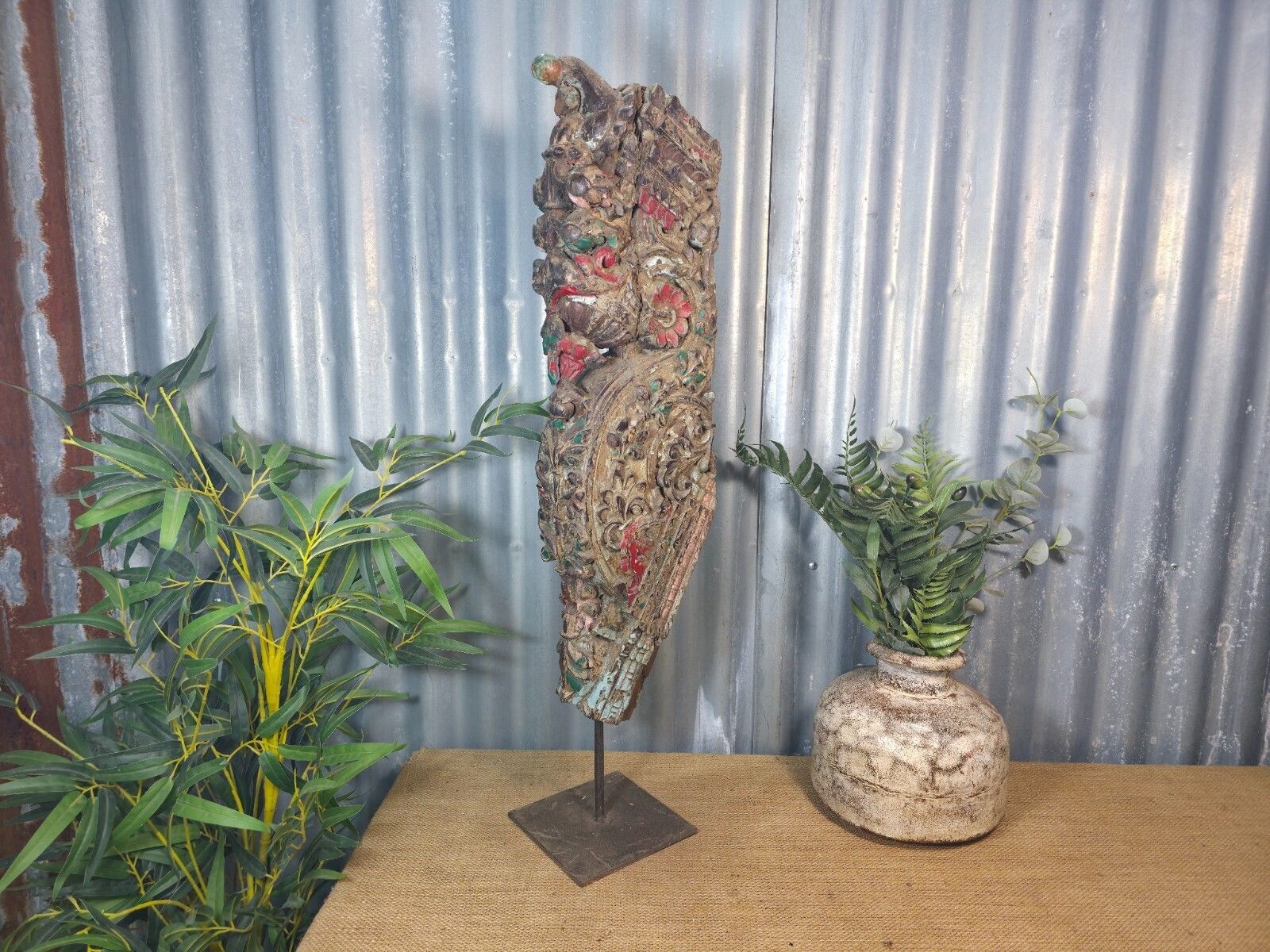 Antique 19th Century Indian Hand Carved Wooden Architectural Corbel On Stand