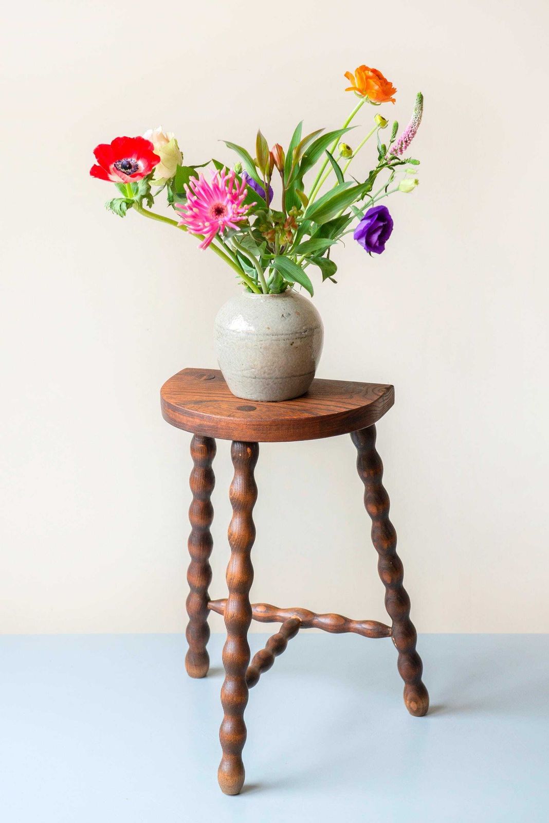 Vintage Wooden Milking Stool With Turned Bobbin Legs – Rustic Farmhouse Plant Stand photo buy