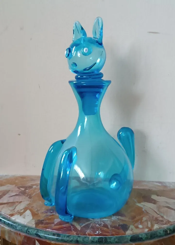 Vetro Antico Decanter Bottiglia Anni 60 Vetrerie Empoli , Forma Di Gatto