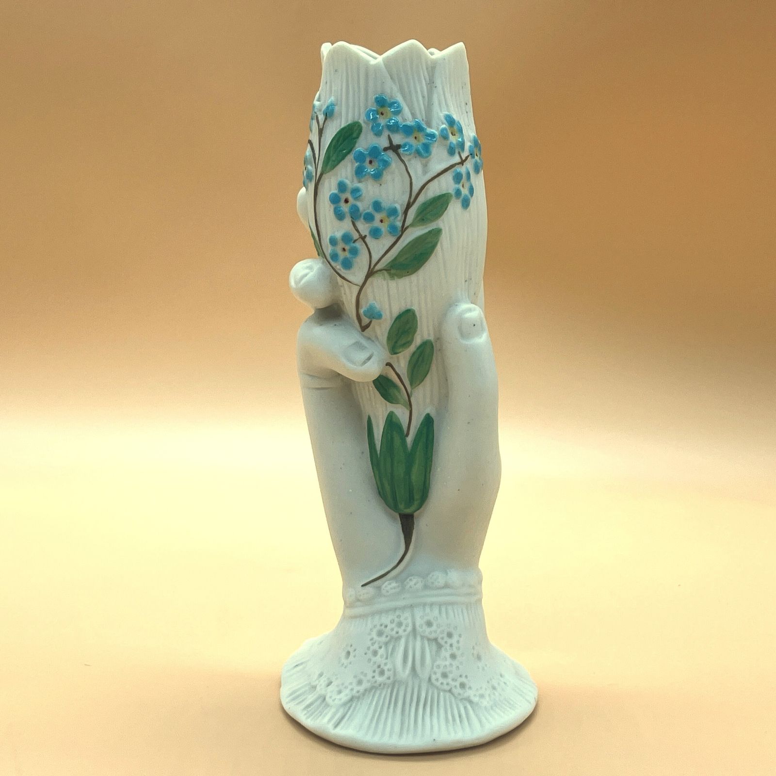 Victorian Parian Ware Hand Holding Floral Bud / Posy Vase With Lace Cuff. Forget Me Nots. C1850.