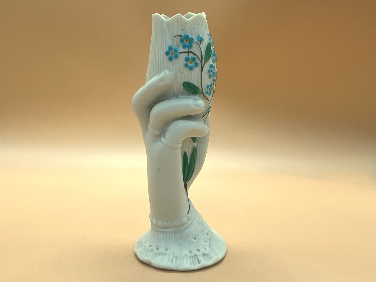 Victorian Parian Ware Hand Holding Floral Bud / Posy Vase With Lace Cuff. Forget Me Nots. C1850. photo furniture