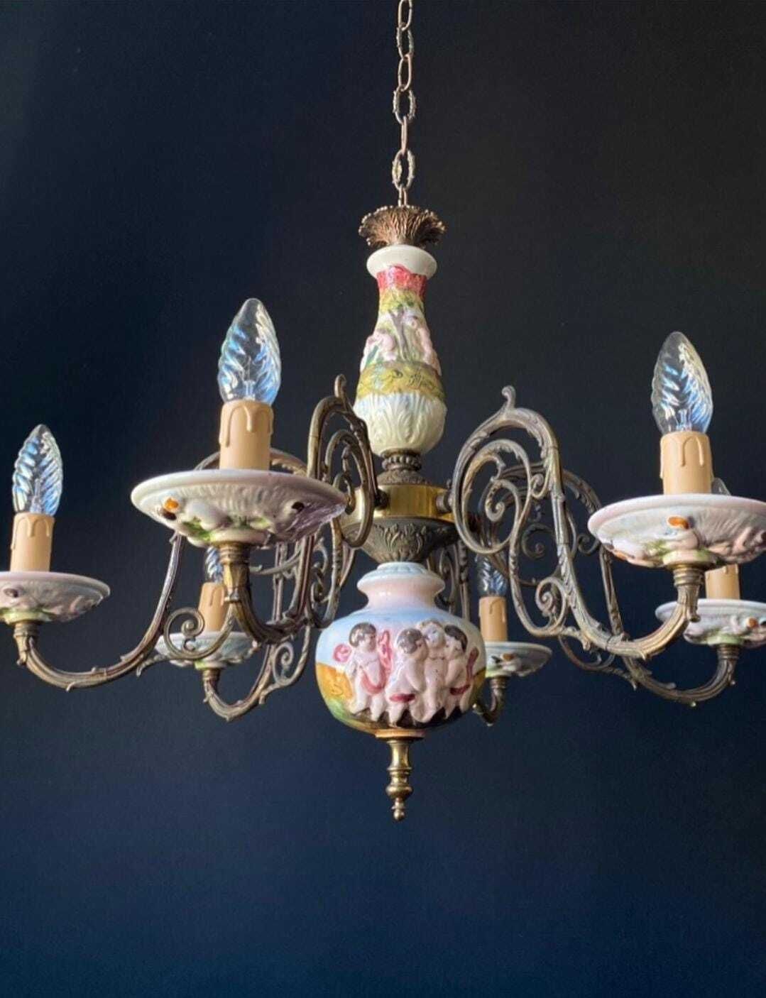 Lustre d'époque en céramique et laiton, détaxé pour les États-Unis photo for sale