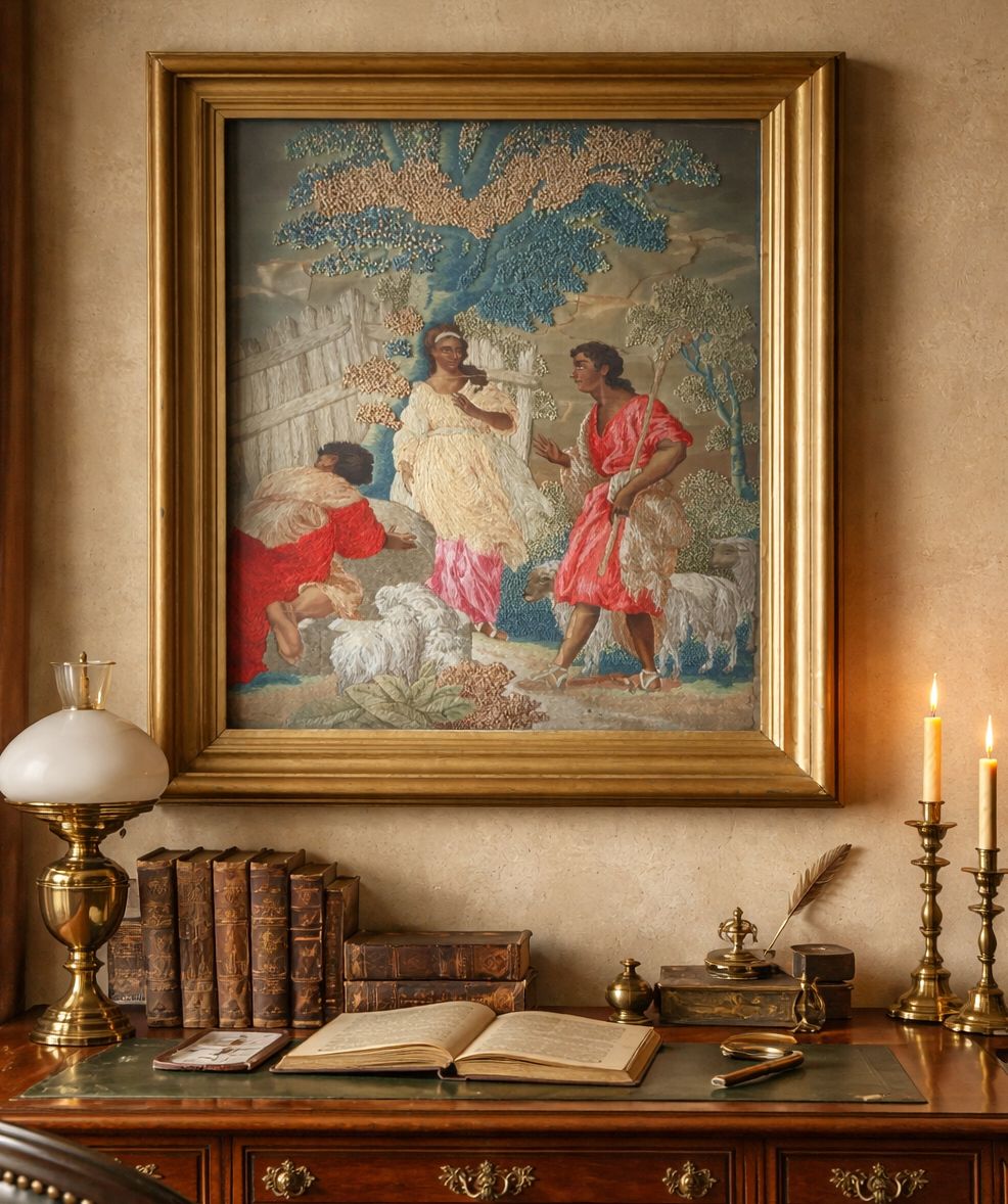 18th Century George III Embroidered Silk And Wool Pastoral Farming Picture photo furniture