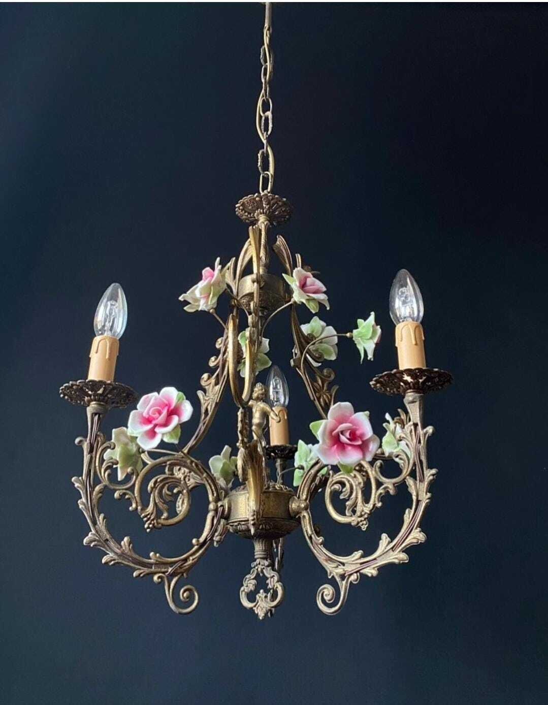 Duty Free For USA. Antique Chandelier With Ceramic Roses And Cherub