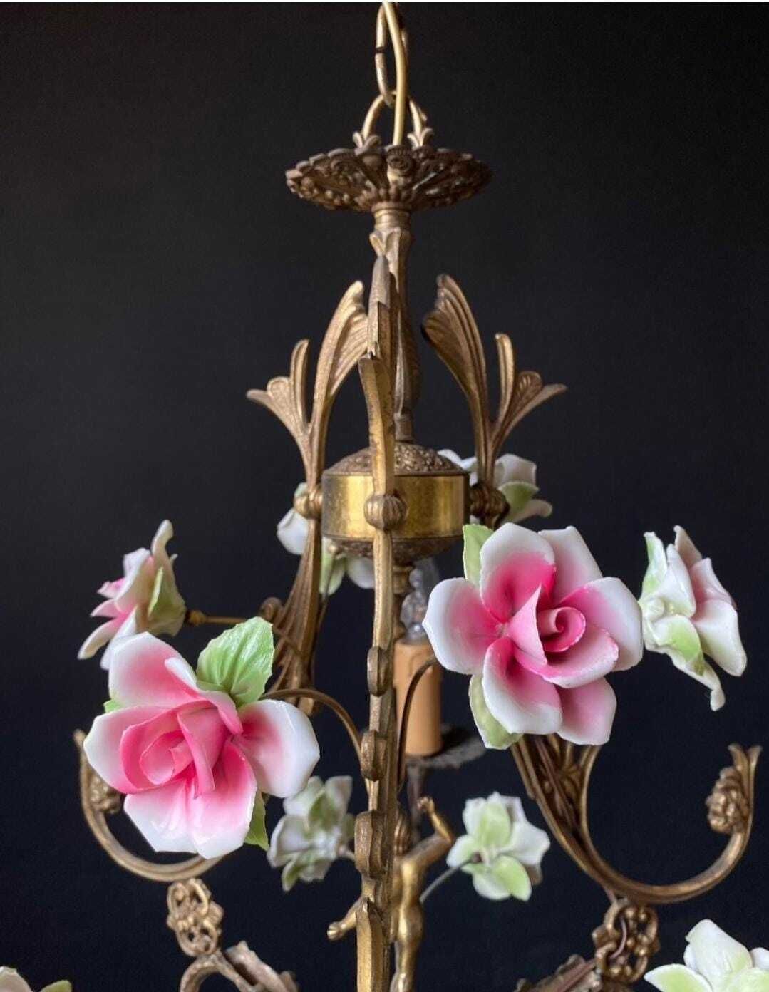 Duty Free For USA. Antique Chandelier With Ceramic Roses And Cherub photo vinterior