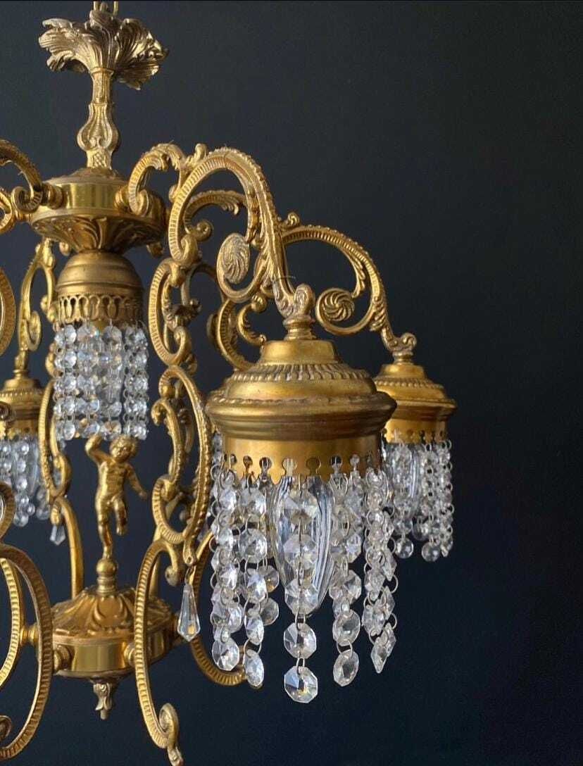 Lustre d'époque doré et cristal, sans droits de douane pour les États-Unis photo vintage
