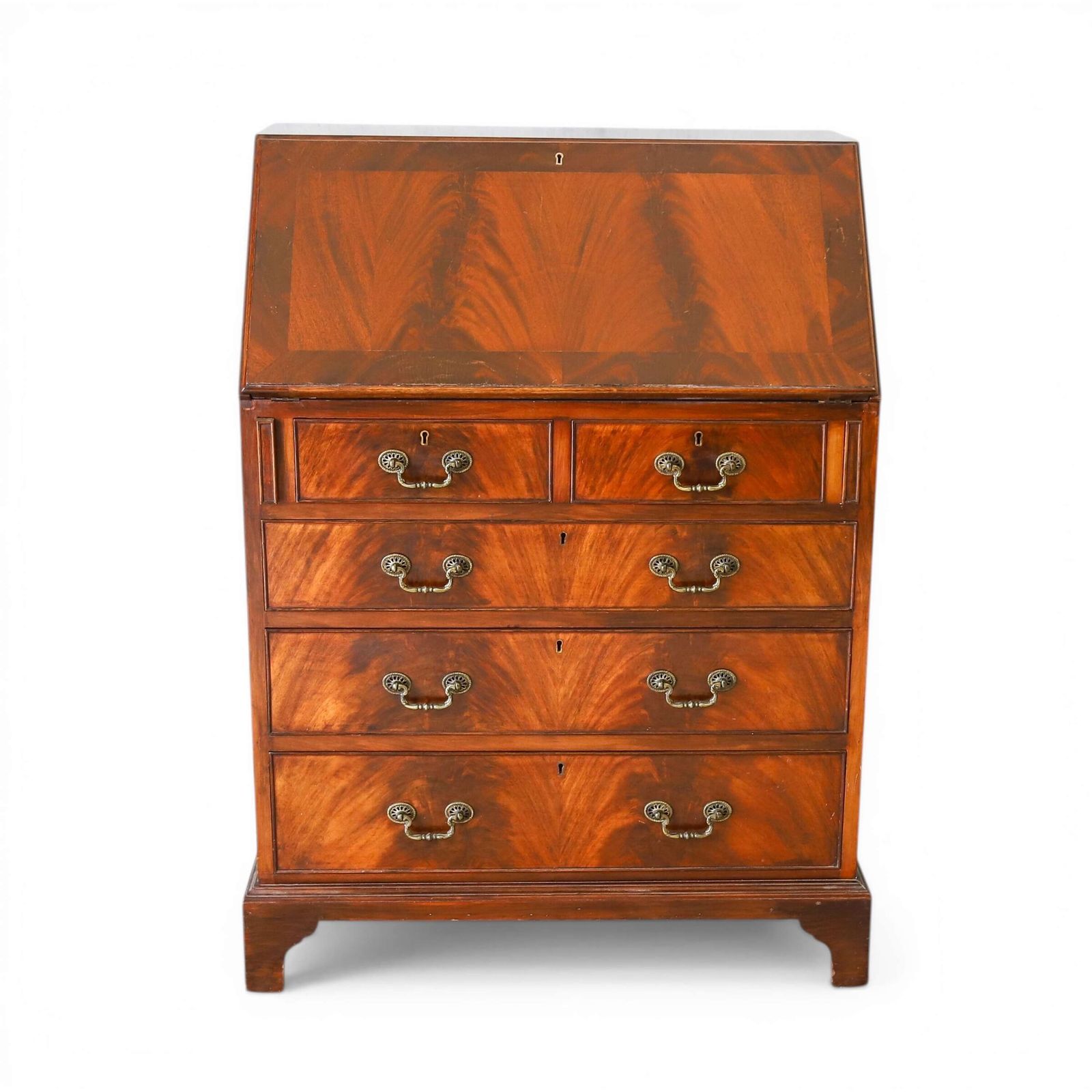 English 1930s Flame Fronted Mahogany Bureau With Warm Colour & Character