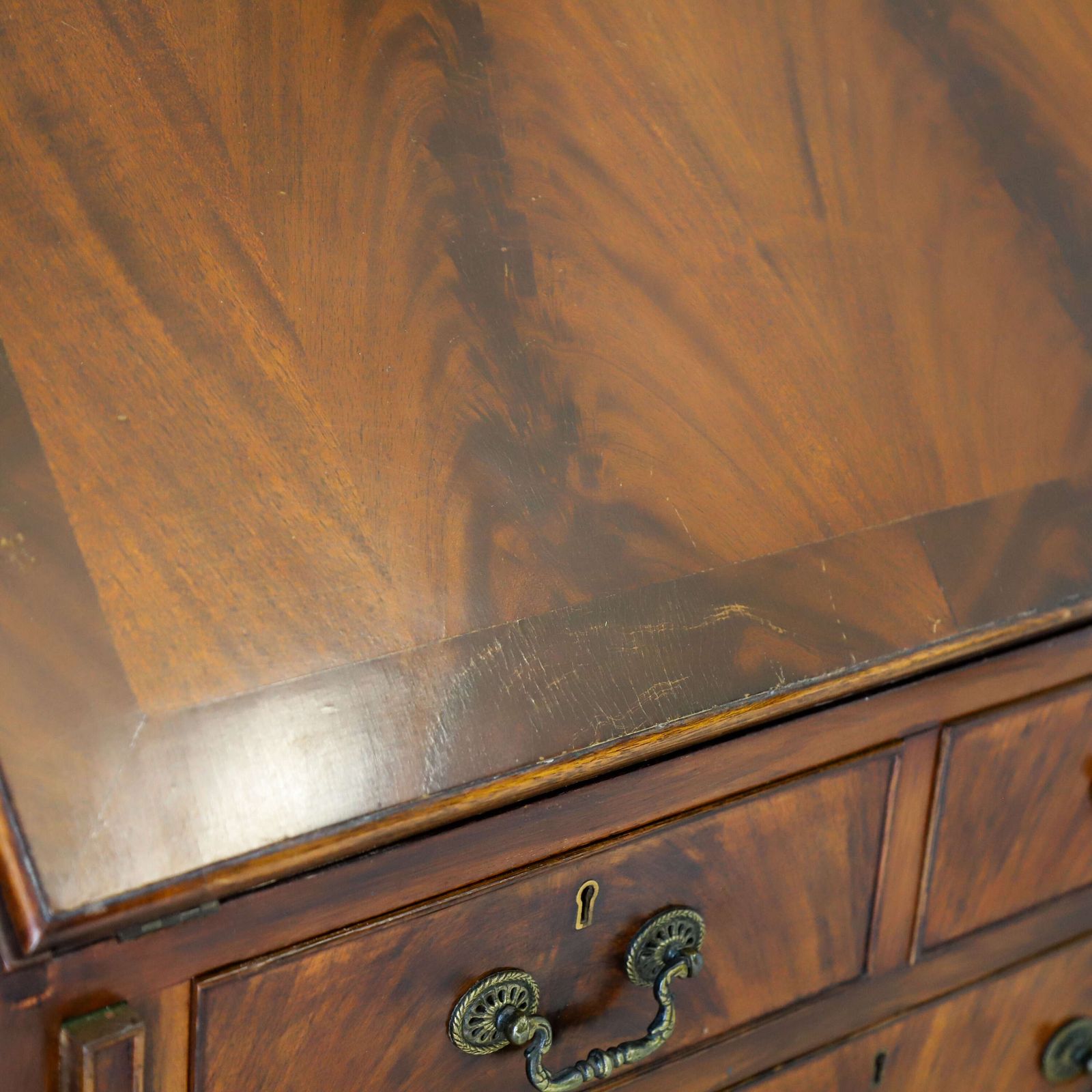 photo for sale English 1930s Flame Fronted Mahogany Bureau With Warm Colour & Character
