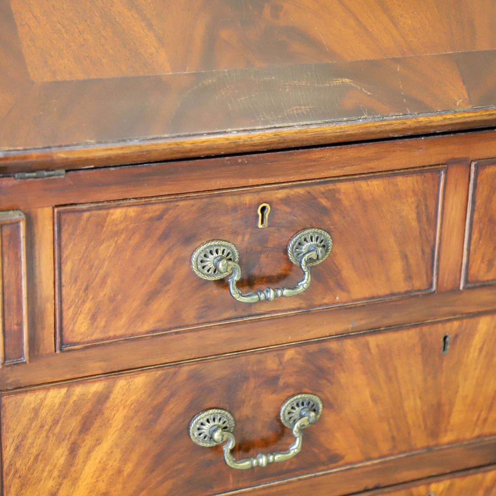 1125.0 English 1930s Flame Fronted Mahogany Bureau With Warm Colour & Character photo