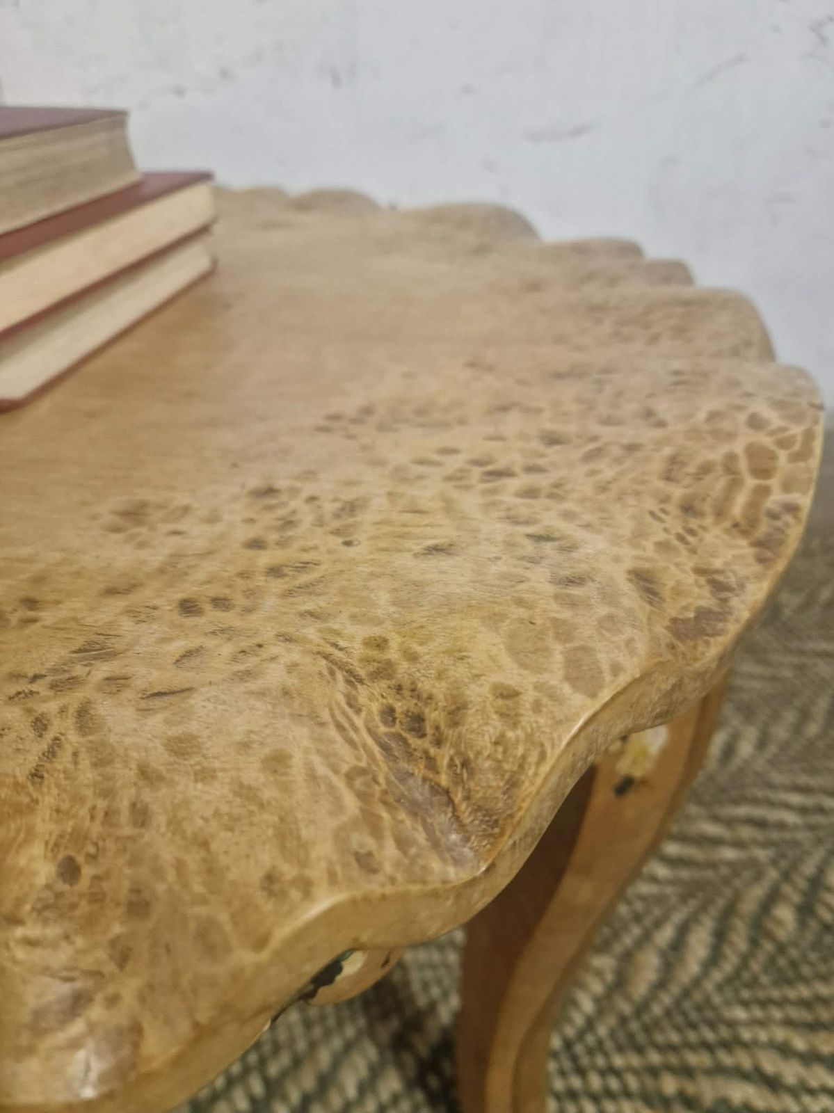 1930s Solid Hand Chiselled Burr Wood Occasional Table, Tortoiseshell Top, Painted Folk Art, Signed 1933 photo for sale