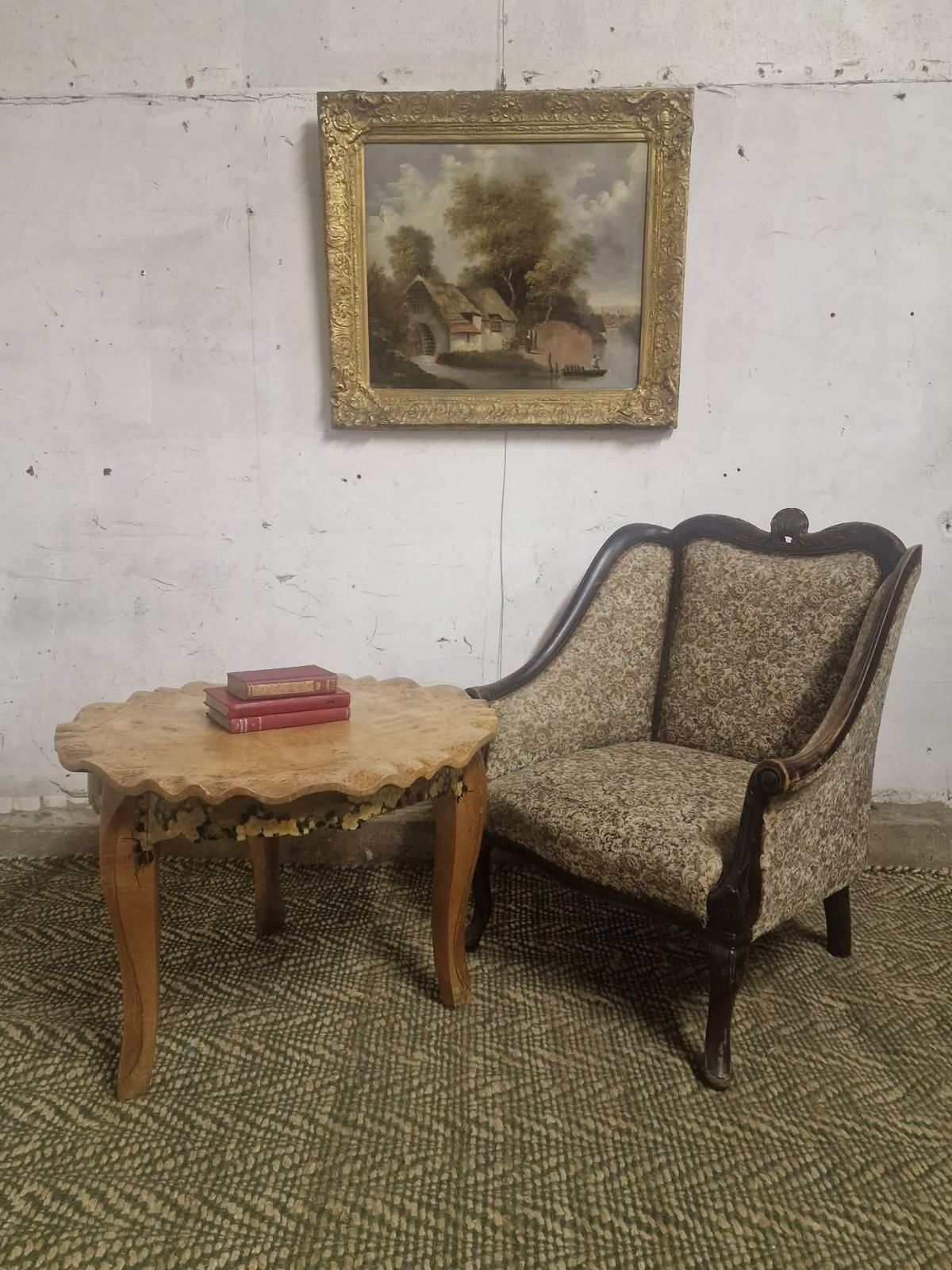 1930s Solid Hand Chiselled Burr Wood Occasional Table, Tortoiseshell Top, Painted Folk Art, Signed 1933